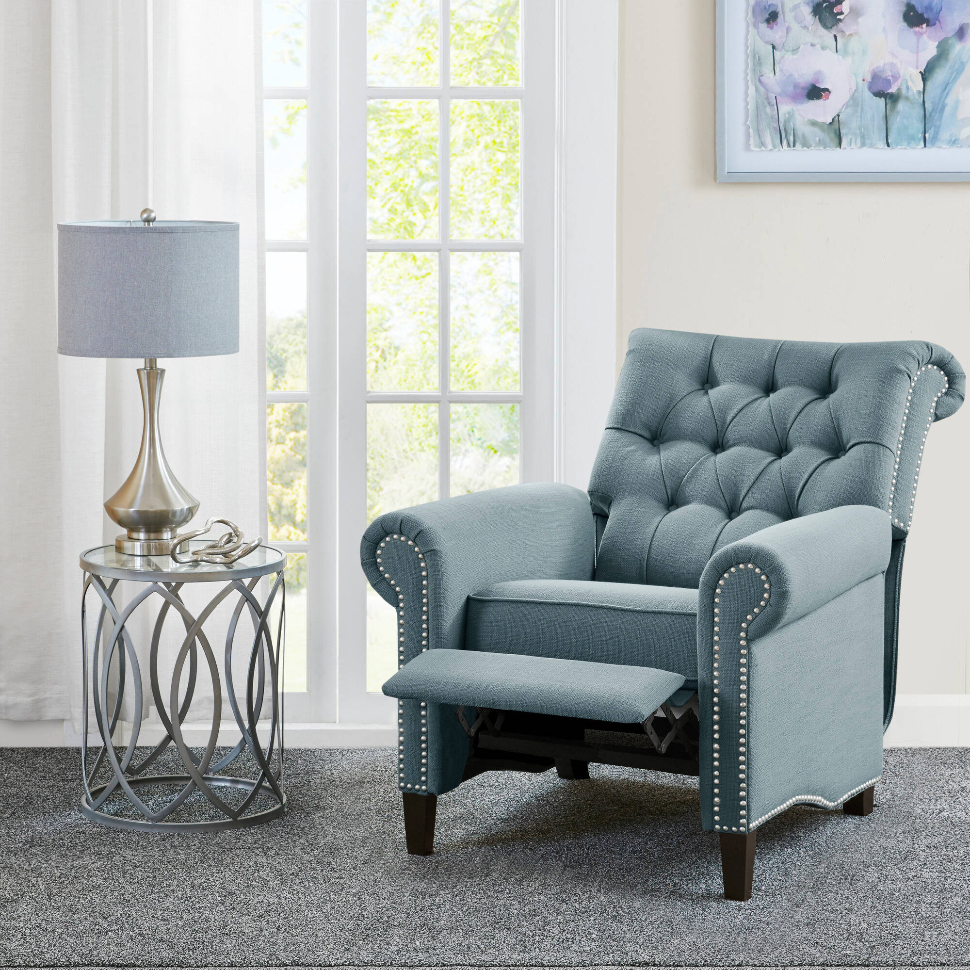 Aidan Upholstered Manual Push Back Recliner Chair with Nailheads - Image 2