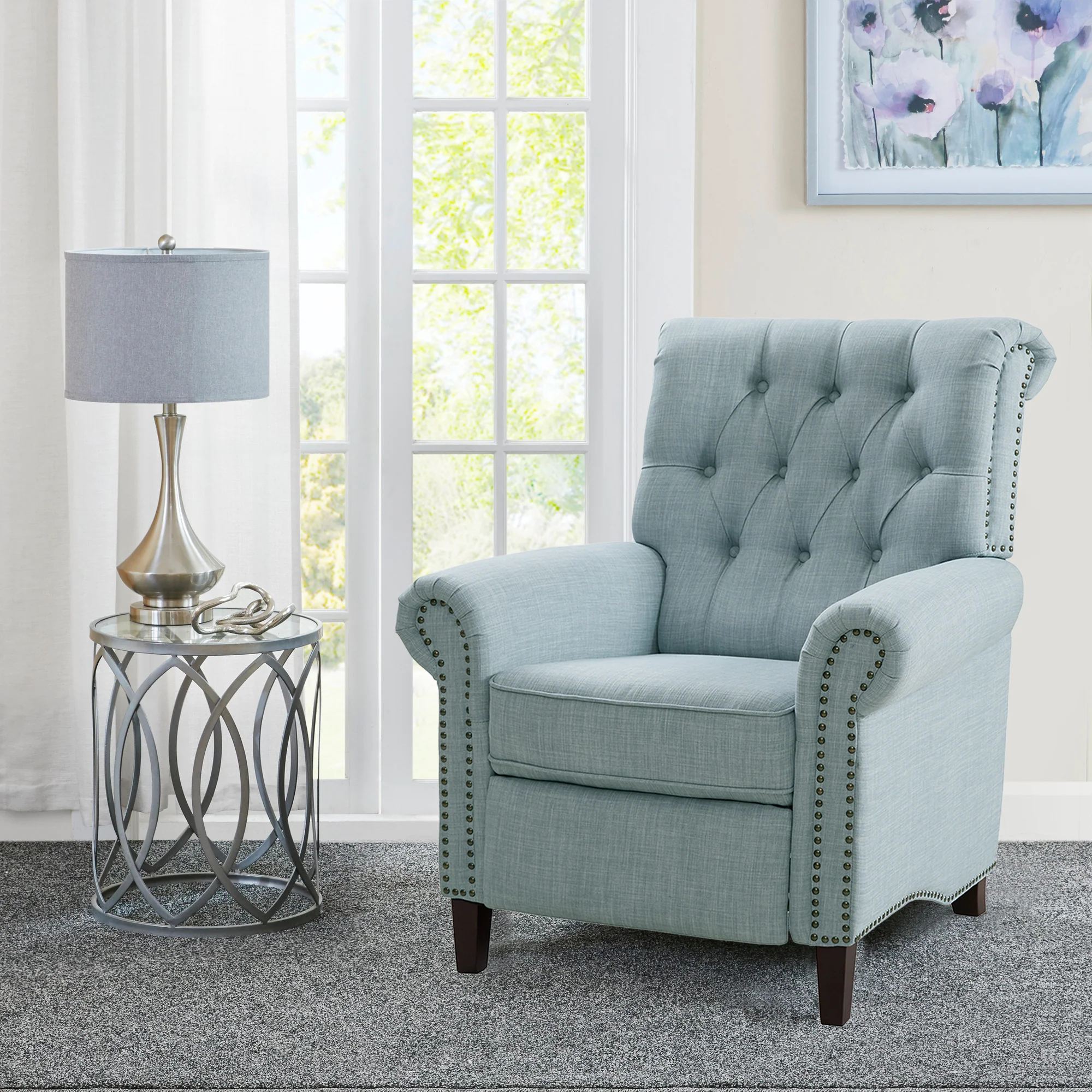 Aidan Upholstered Manual Push Back Recliner Chair with Nailheads - Image 3