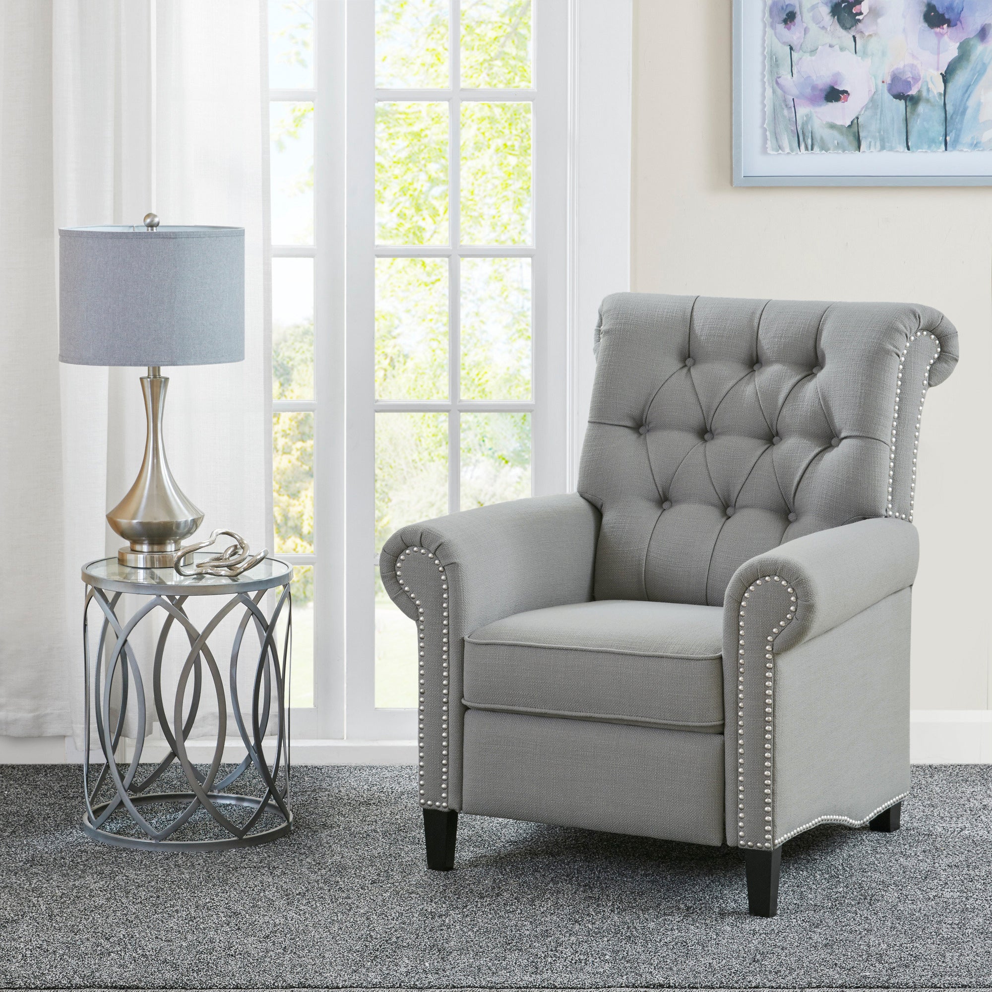 Aidan Upholstered Manual Push Back Recliner Chair with Nailheads - Image 4