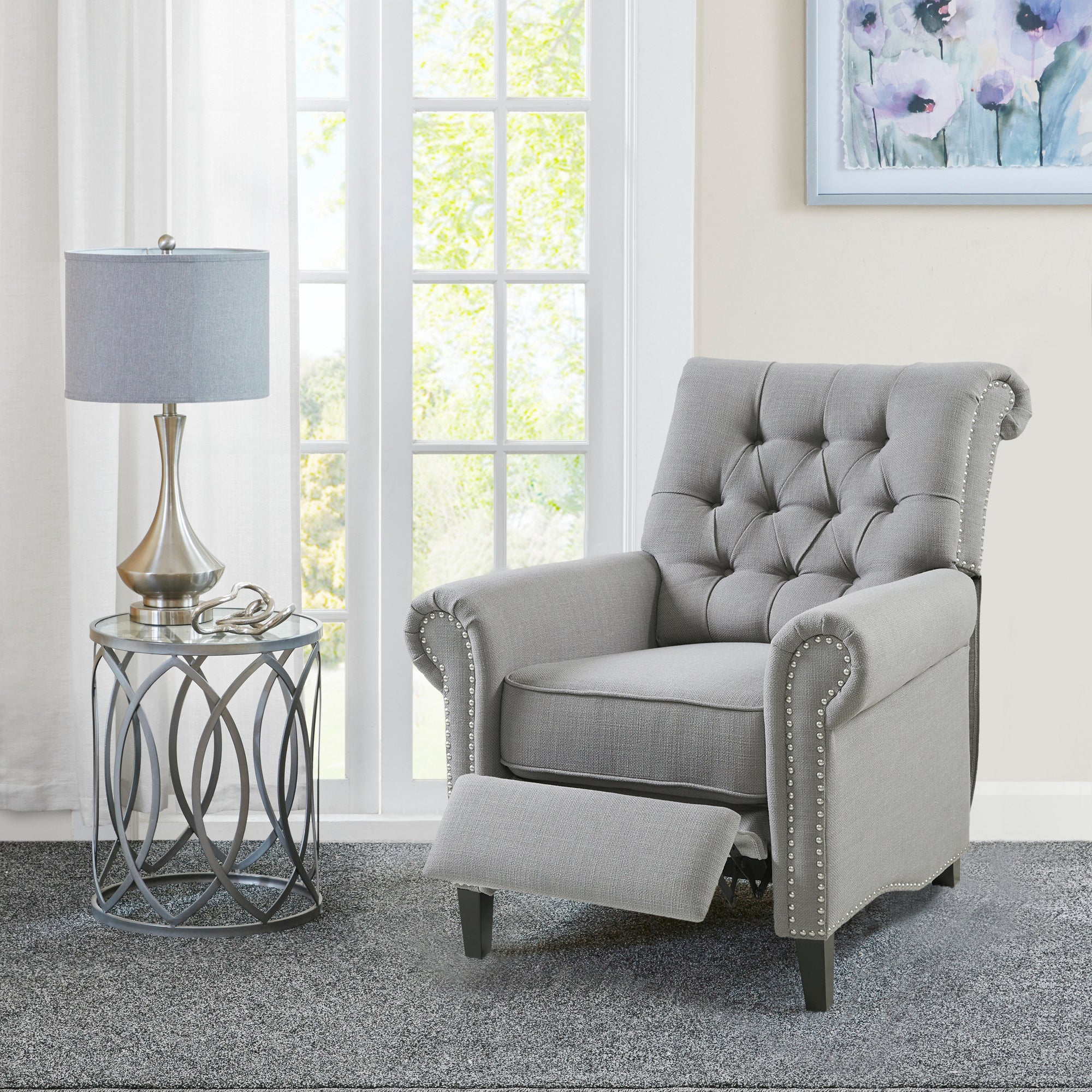 Aidan Upholstered Manual Push Back Recliner Chair with Nailheads - Image 7