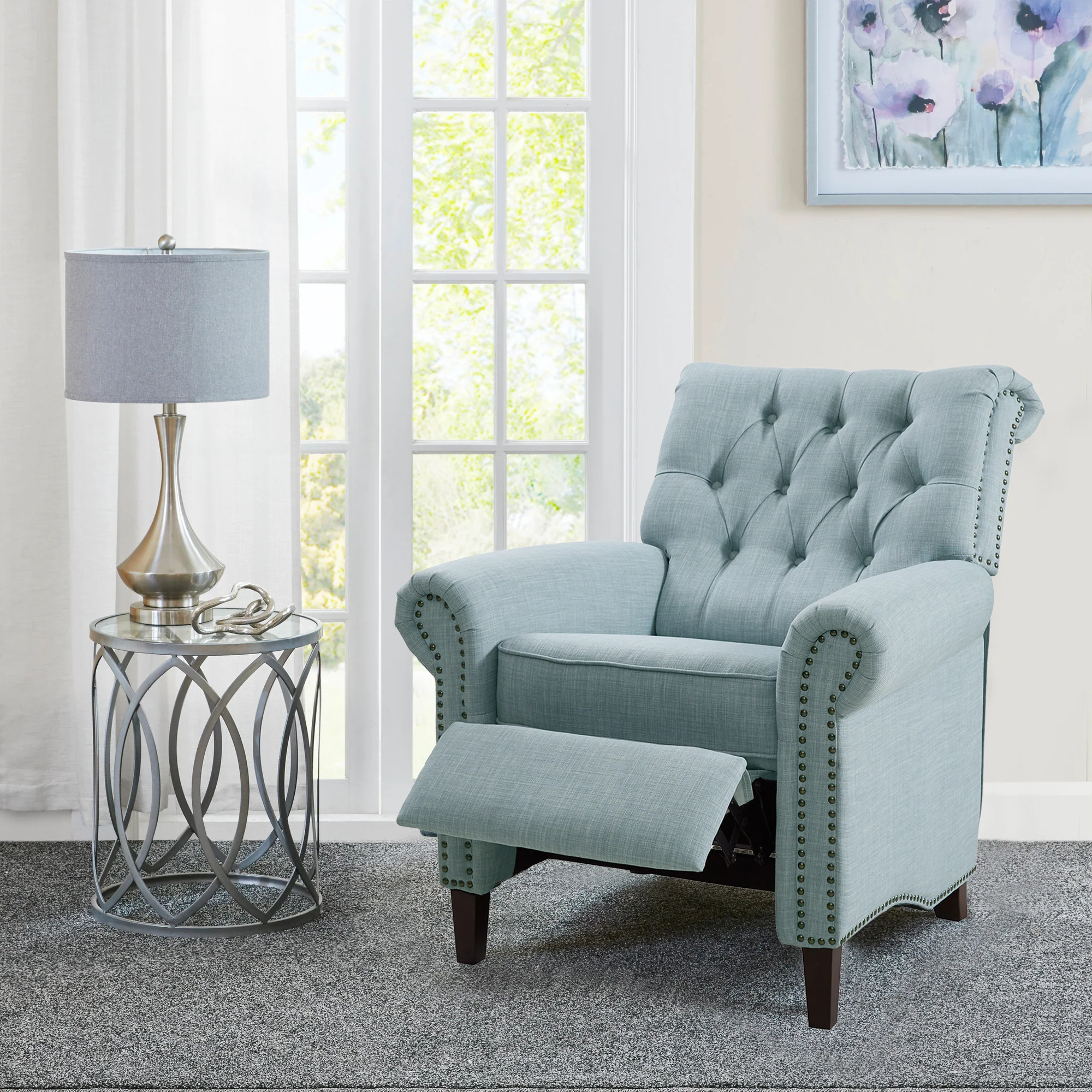 Aidan Upholstered Manual Push Back Recliner Chair with Nailheads - Image 8