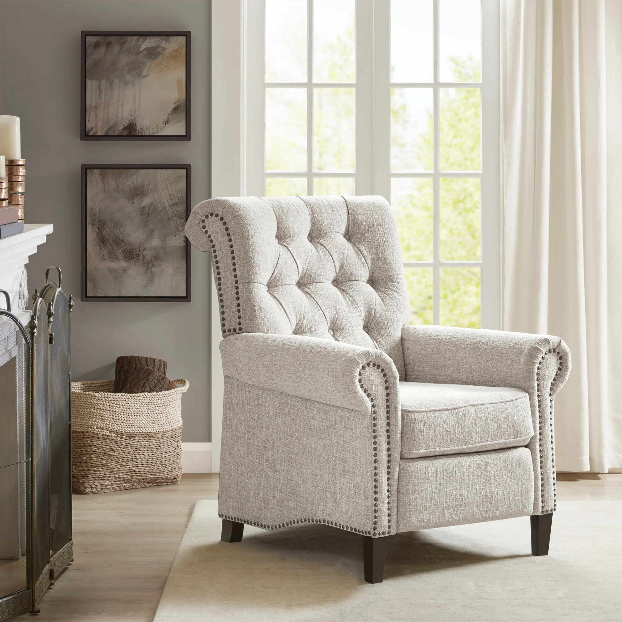 Aidan Upholstered Manual Push Back Recliner Chair with Nailheads - Image 9