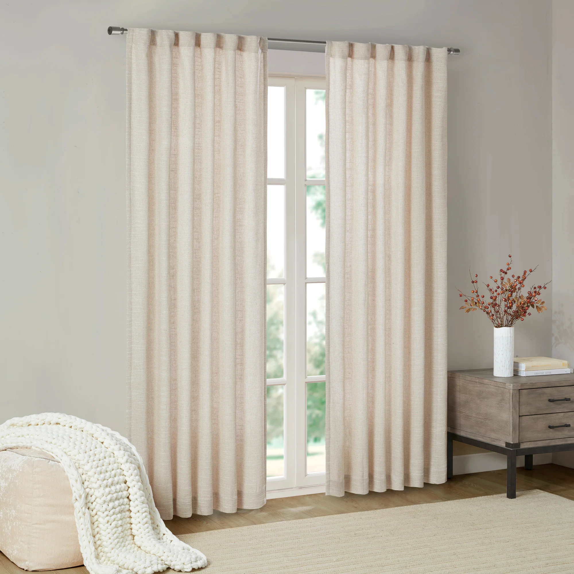 Beals Faux Linen Rod Pocket and Back Tab Fleece Lined Curtain Panel - Image 2
