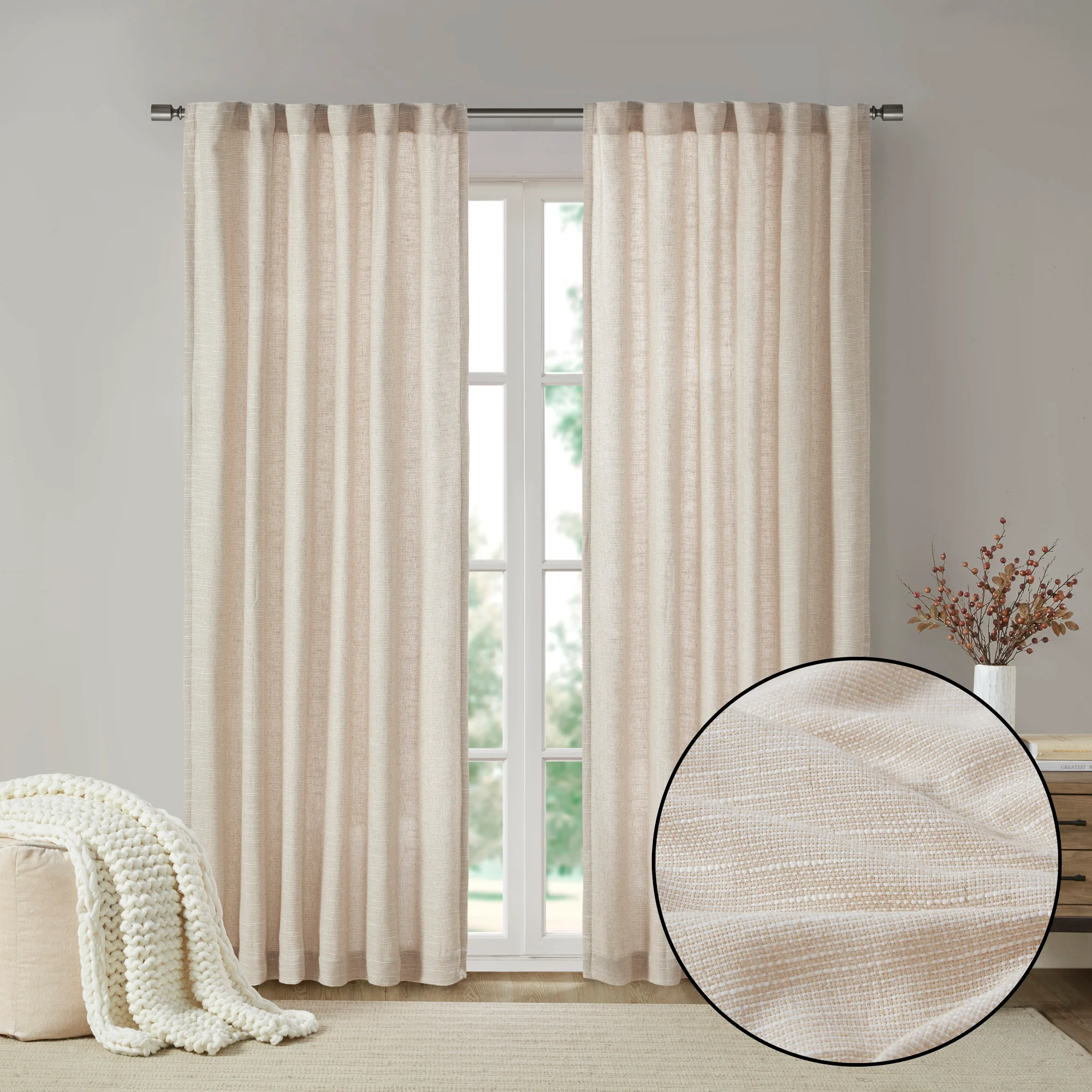 Beals Faux Linen Rod Pocket and Back Tab Fleece Lined Curtain Panel - Image 5