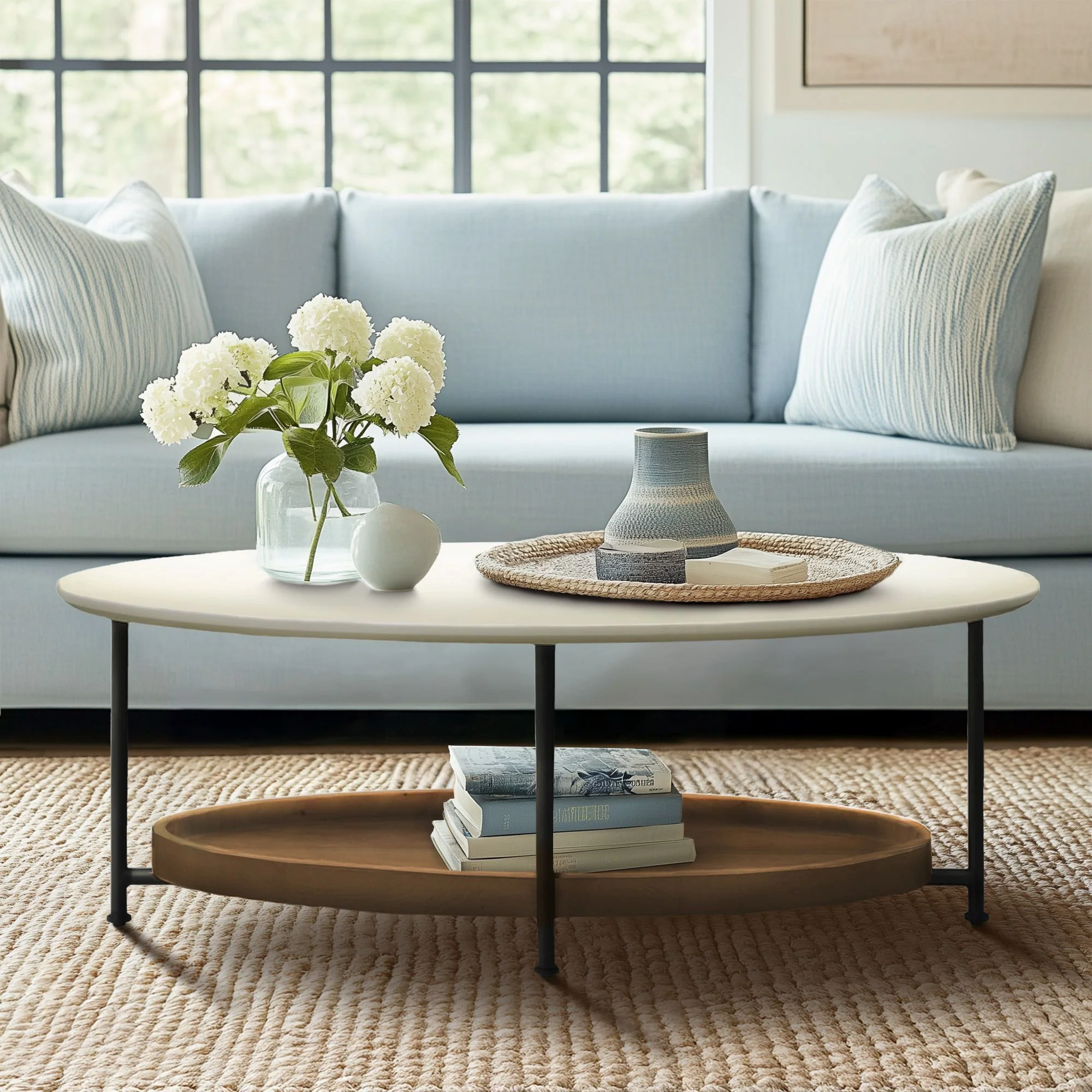 Beaumont 2-Tier Oval Coffee Table with Wood Storage Shelf - Image 4