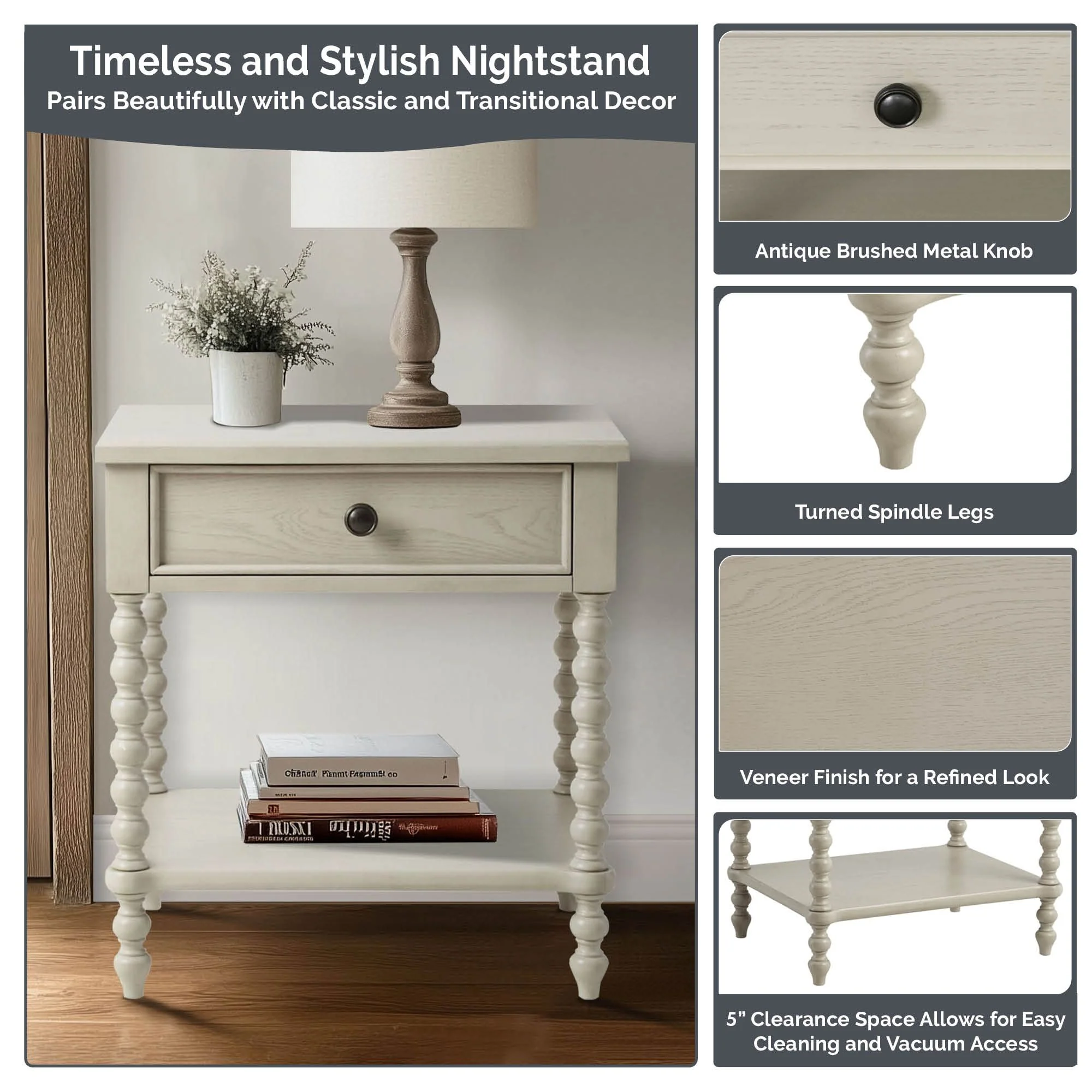Beckett Turned Wood Spindle Nightstand with Drawer & Shelf - Image 40
