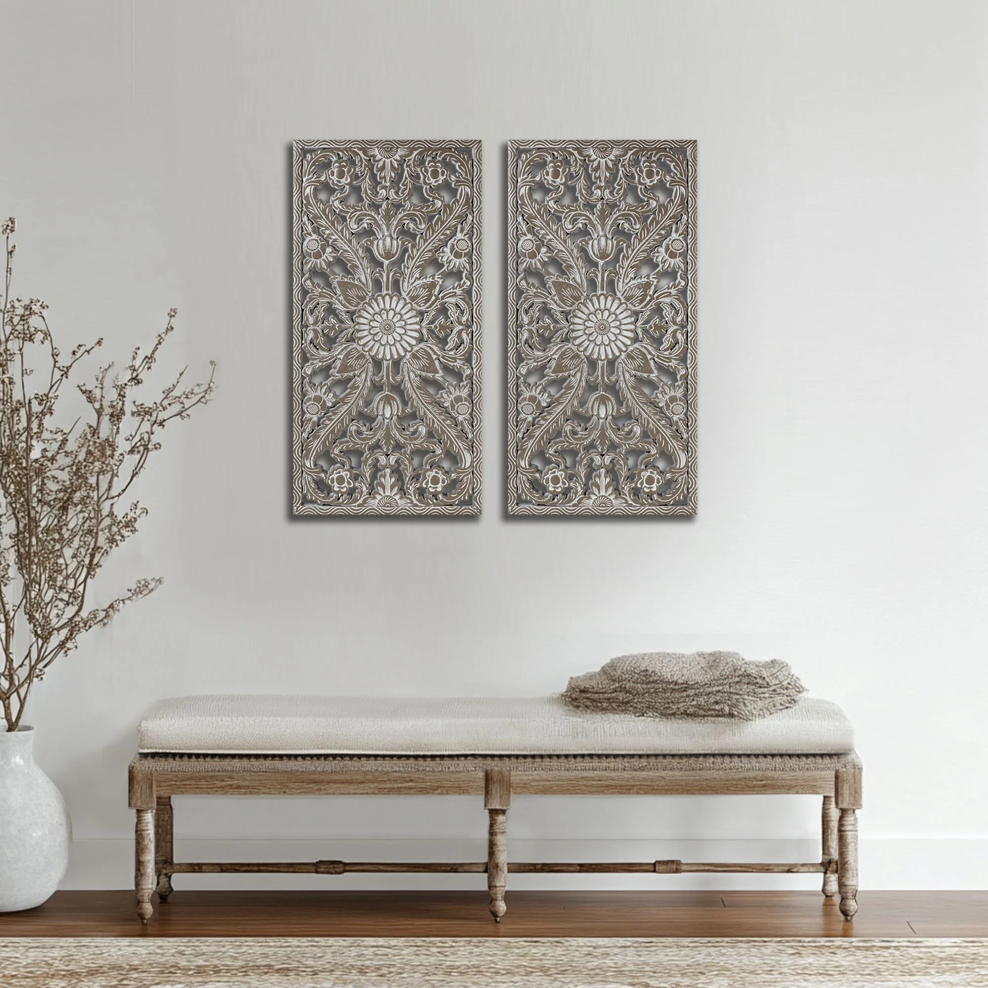 Botanical Panel Distressed Carved Wood 2-Piece Wall Decor Set - Image 51