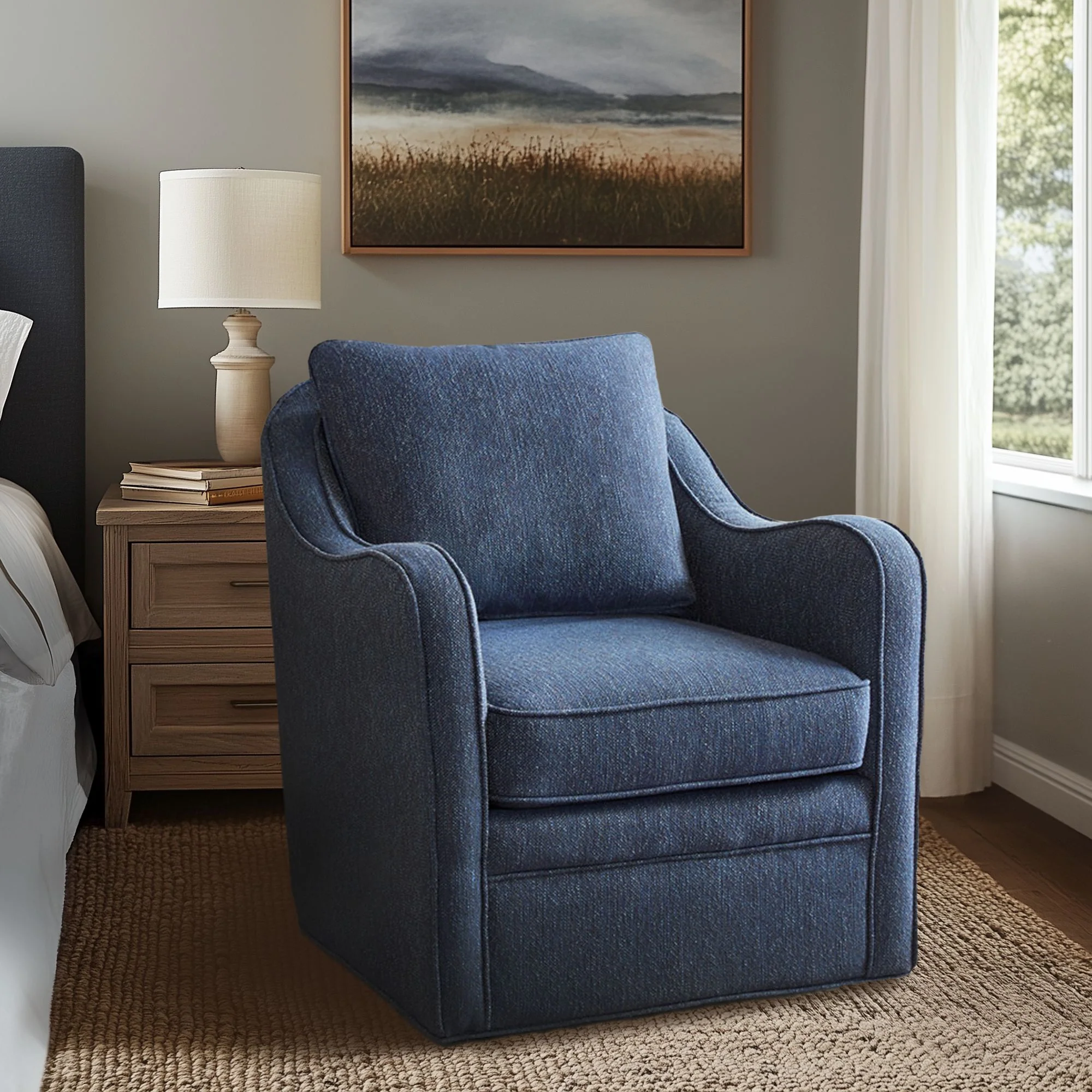 Brianne Upholstered Swivel Curved Armchair - Image 16