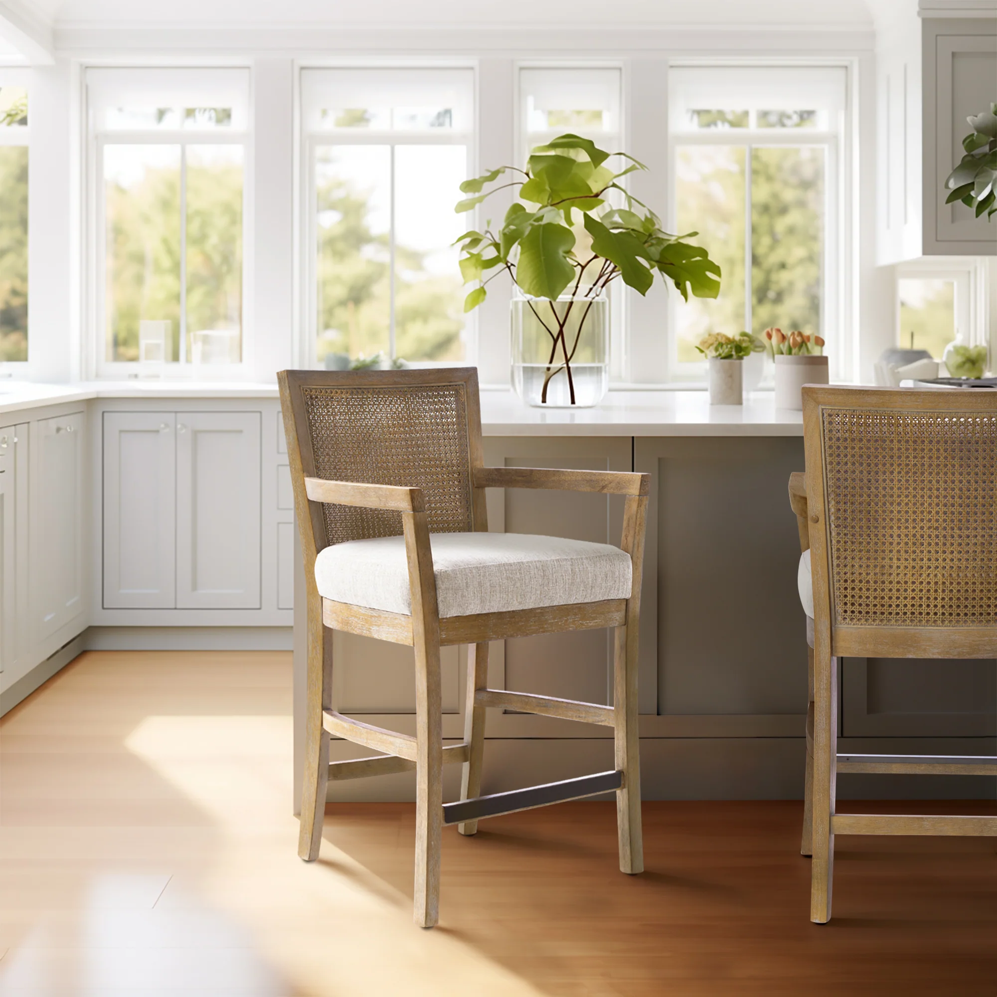Diedra Reclaimed Wood Counter Stool with Natural Rattan Back and Upholstered Seat - Image 2