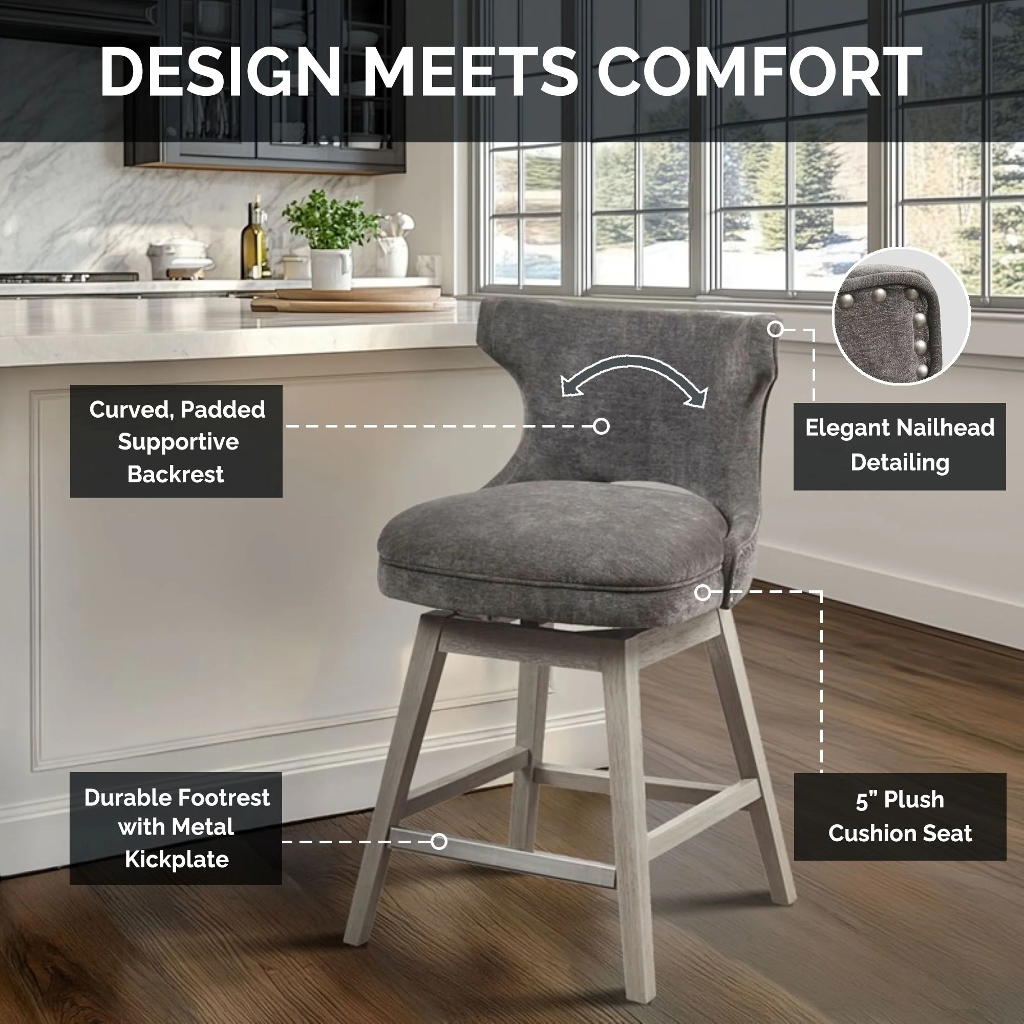Emmett 360-degree swivel counter stool with nailheads - Image 14