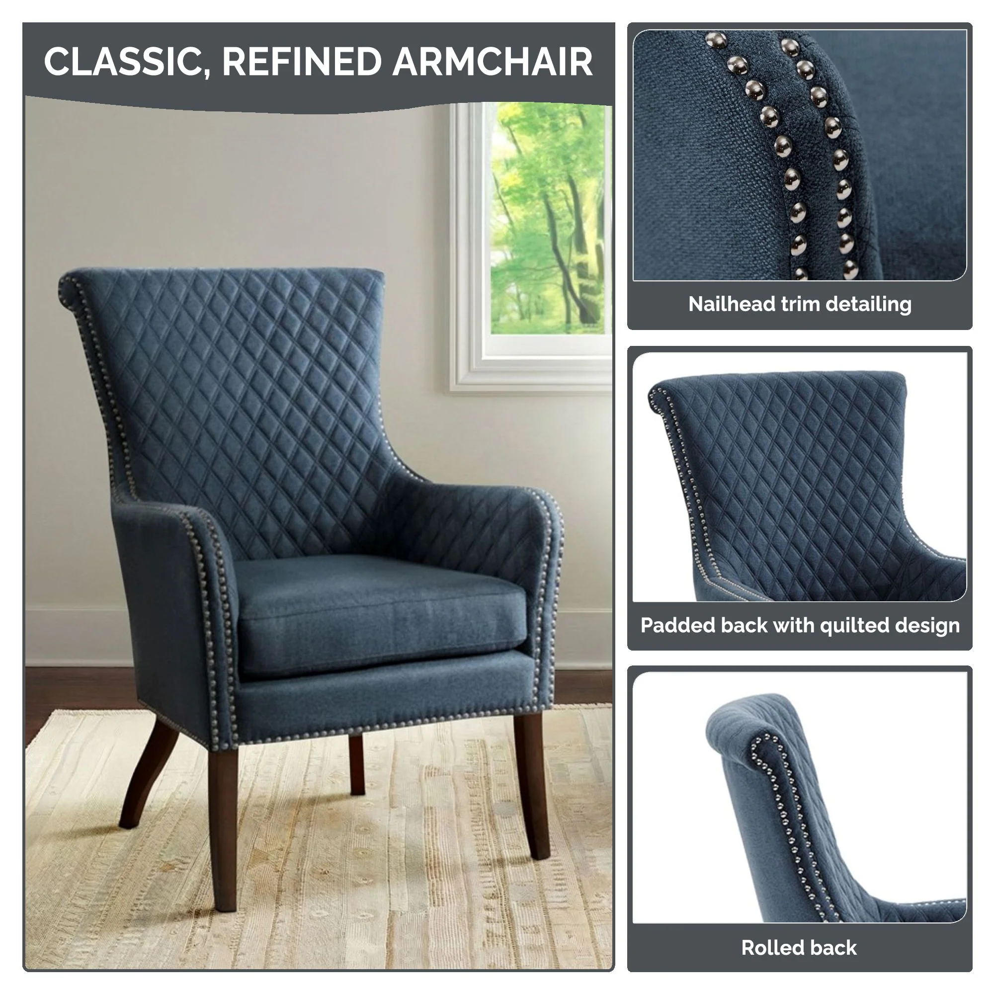 Heston Quilted Back Arm Chair with Nailhead Trim - Image 14