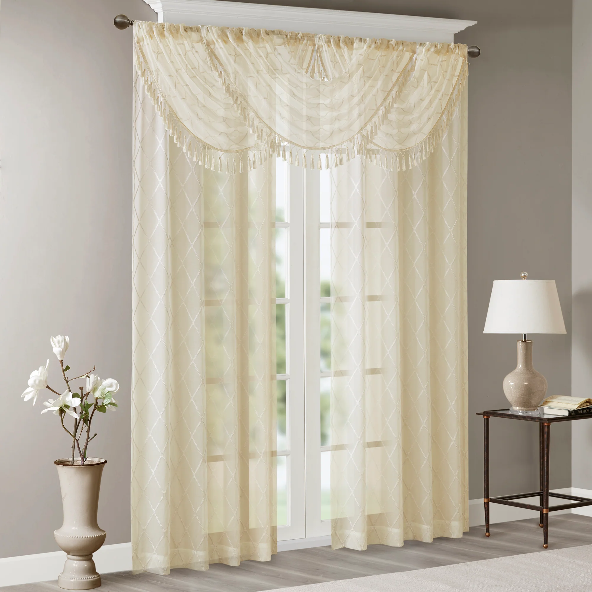 Irina Diamond Sheer Embroidered Waterfall Valance - Image 13