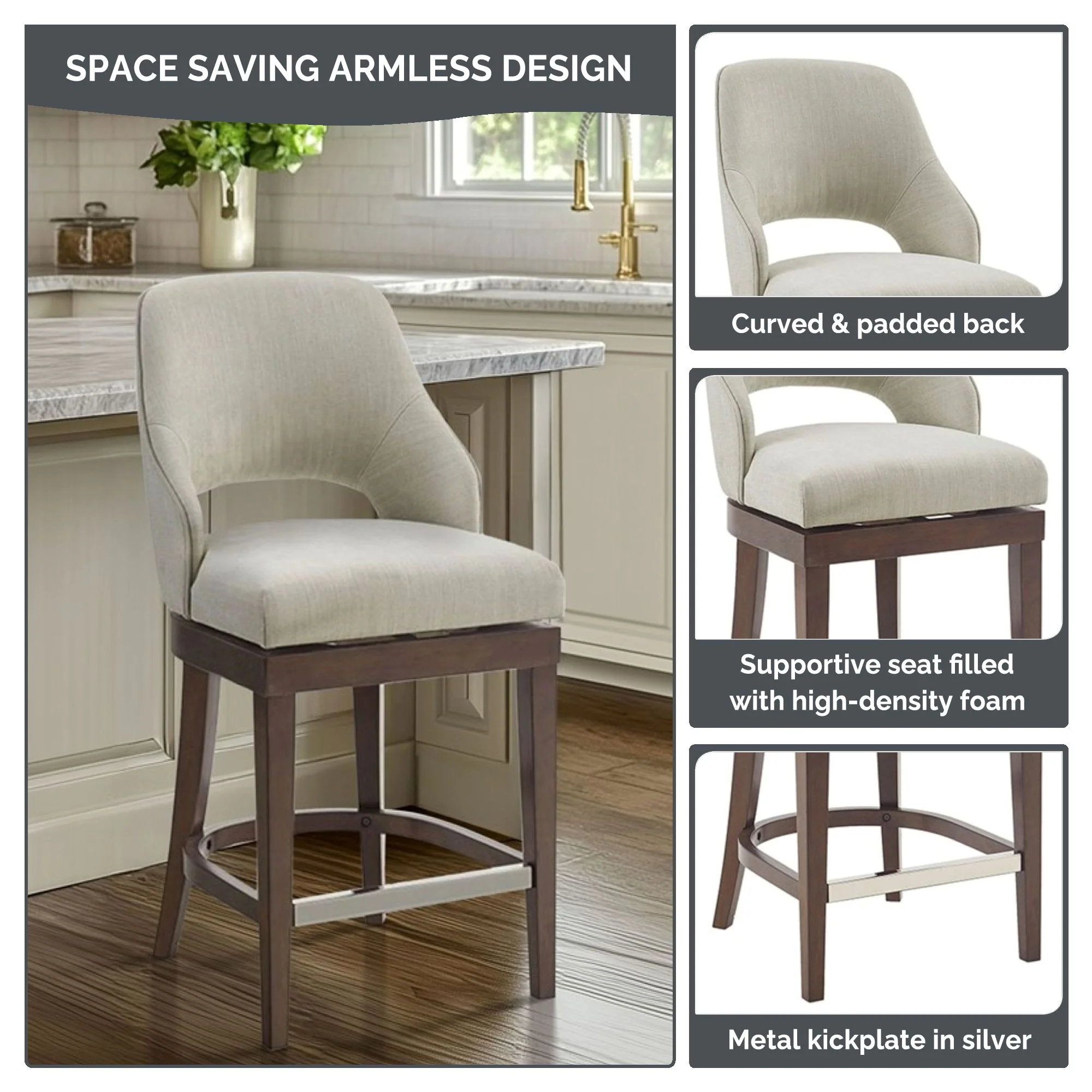 Jillian Upholstered Counter Stool with Cutout Back Design and Swivel Seat - Image 14