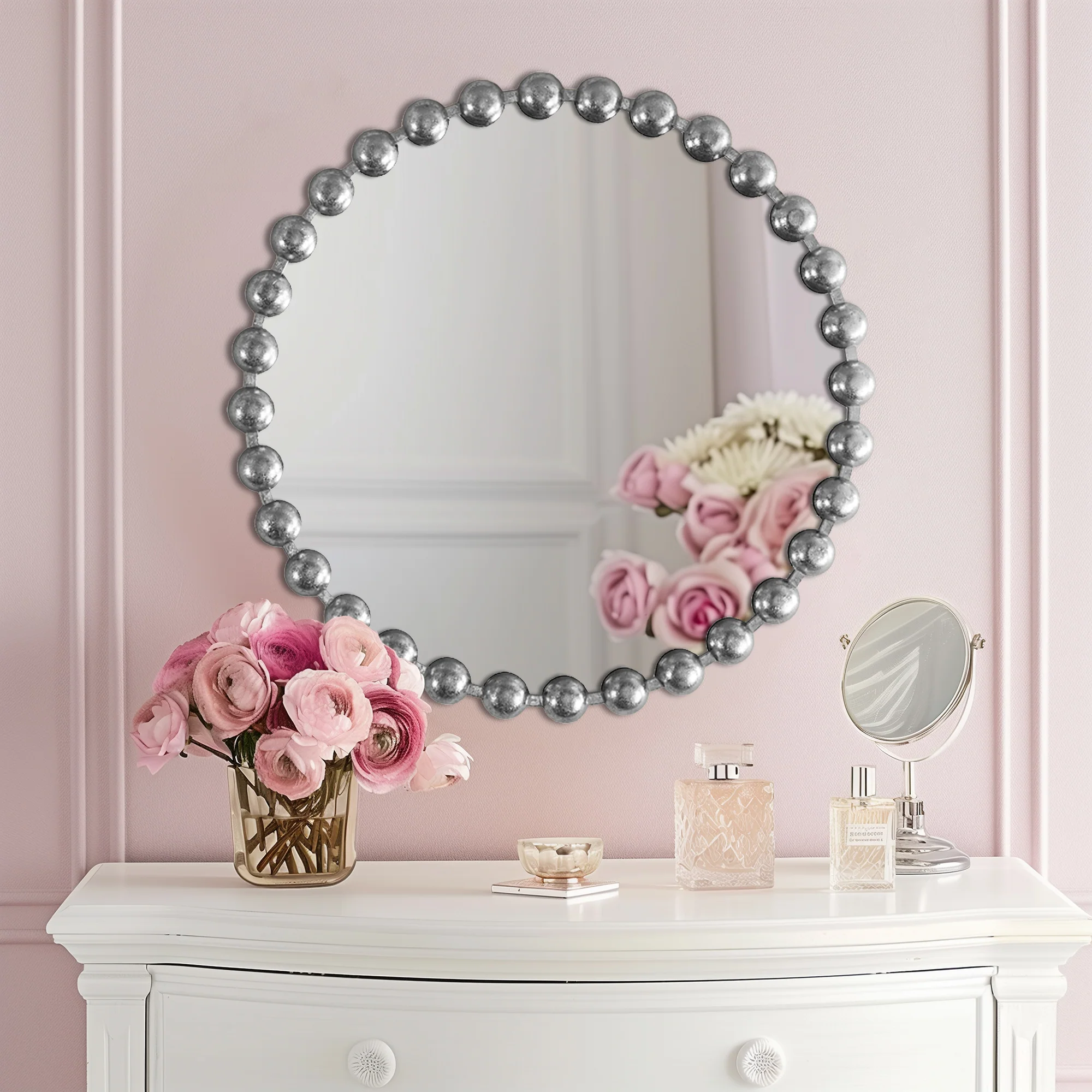 Marlowe 27" Medium Decorative Round Wall Mirror with Beaded Metal Frame - Image 41