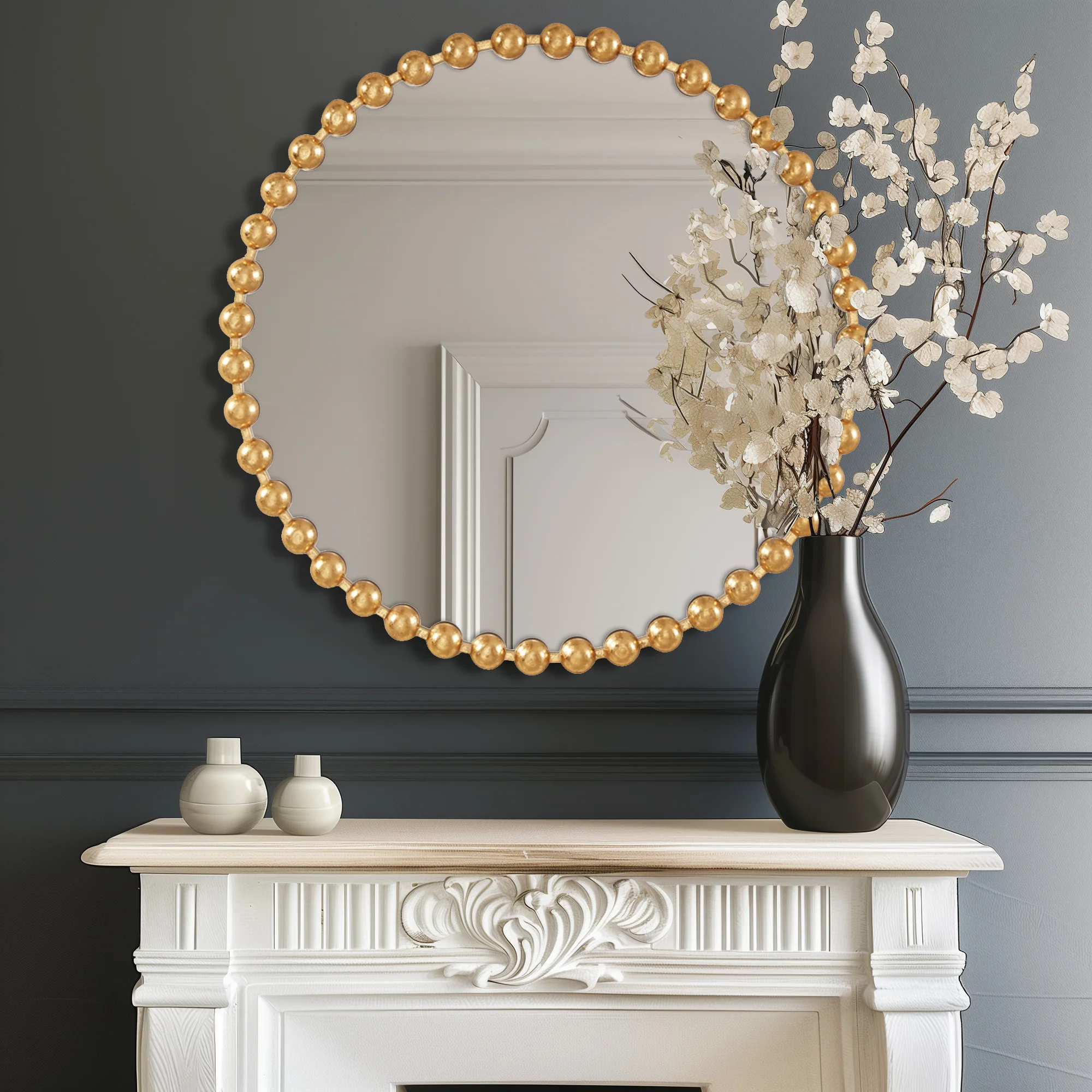 Marlowe 27" Medium Decorative Round Wall Mirror with Beaded Metal Frame - Image 44