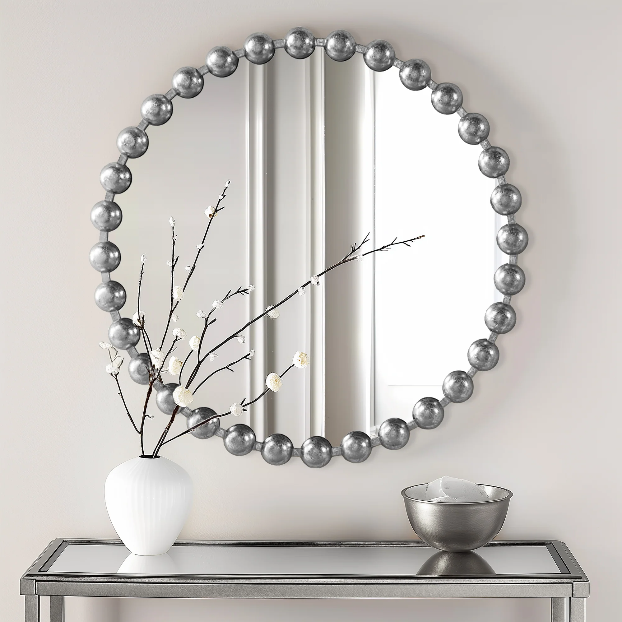 Marlowe 27" Medium Decorative Round Wall Mirror with Beaded Metal Frame - Image 48