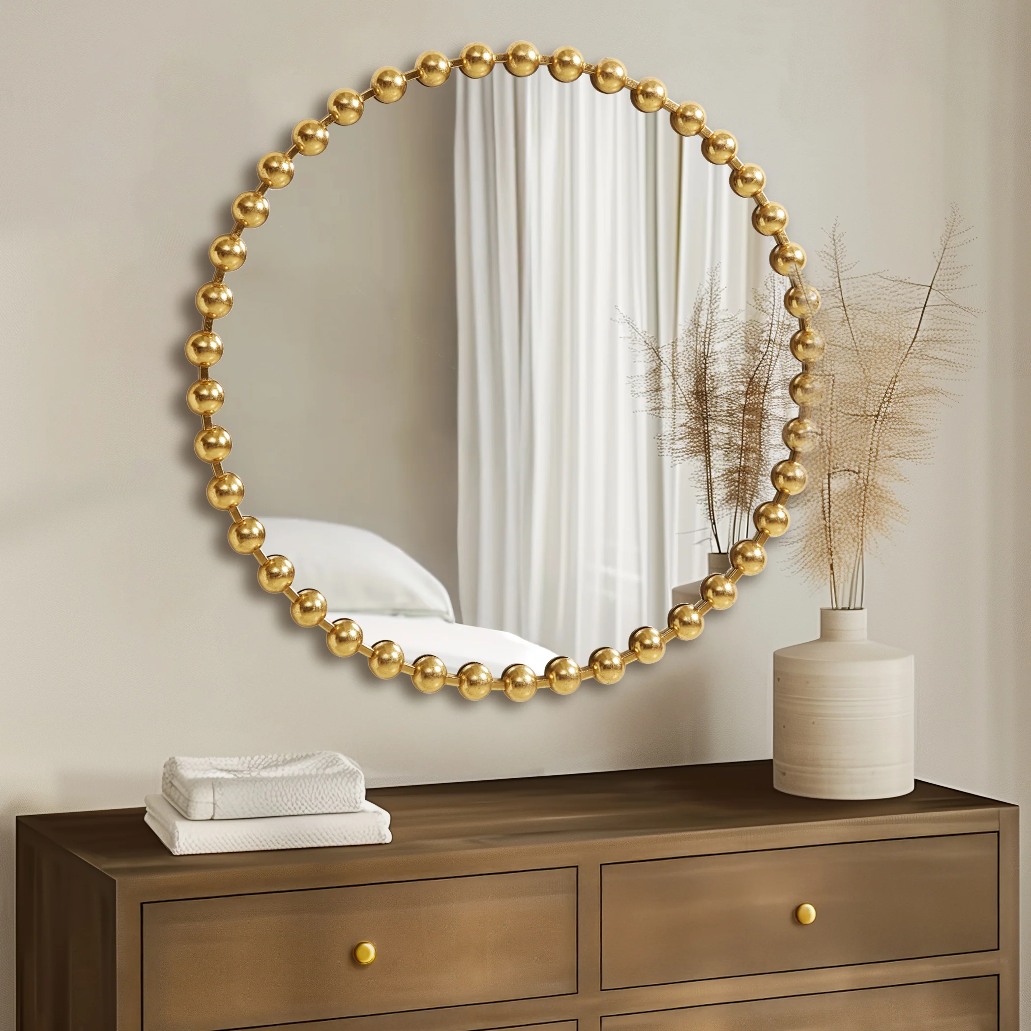 Marlowe 27" Medium Decorative Round Wall Mirror with Beaded Metal Frame - Image 51
