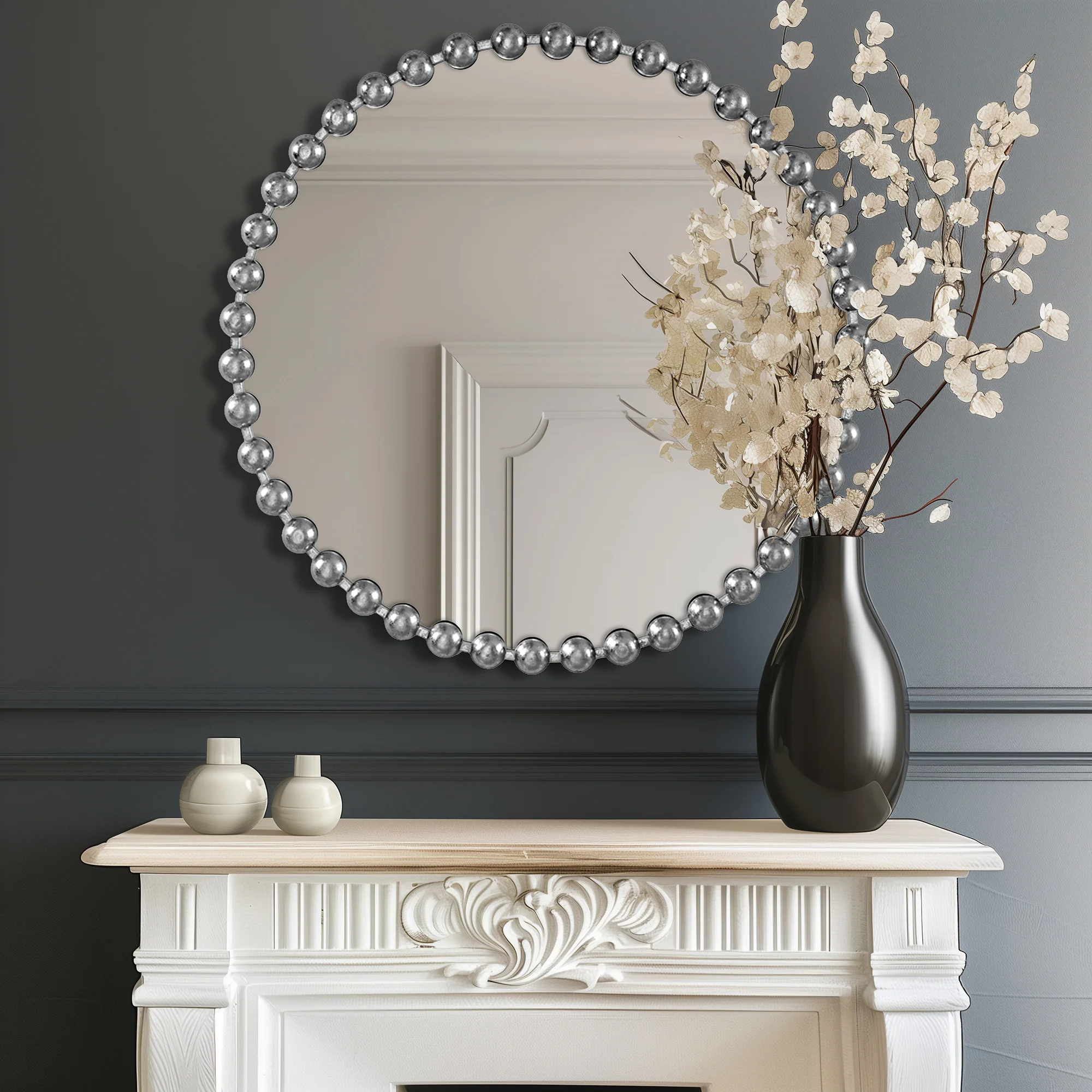 Marlowe 27" Medium Decorative Round Wall Mirror with Beaded Metal Frame - Image 70