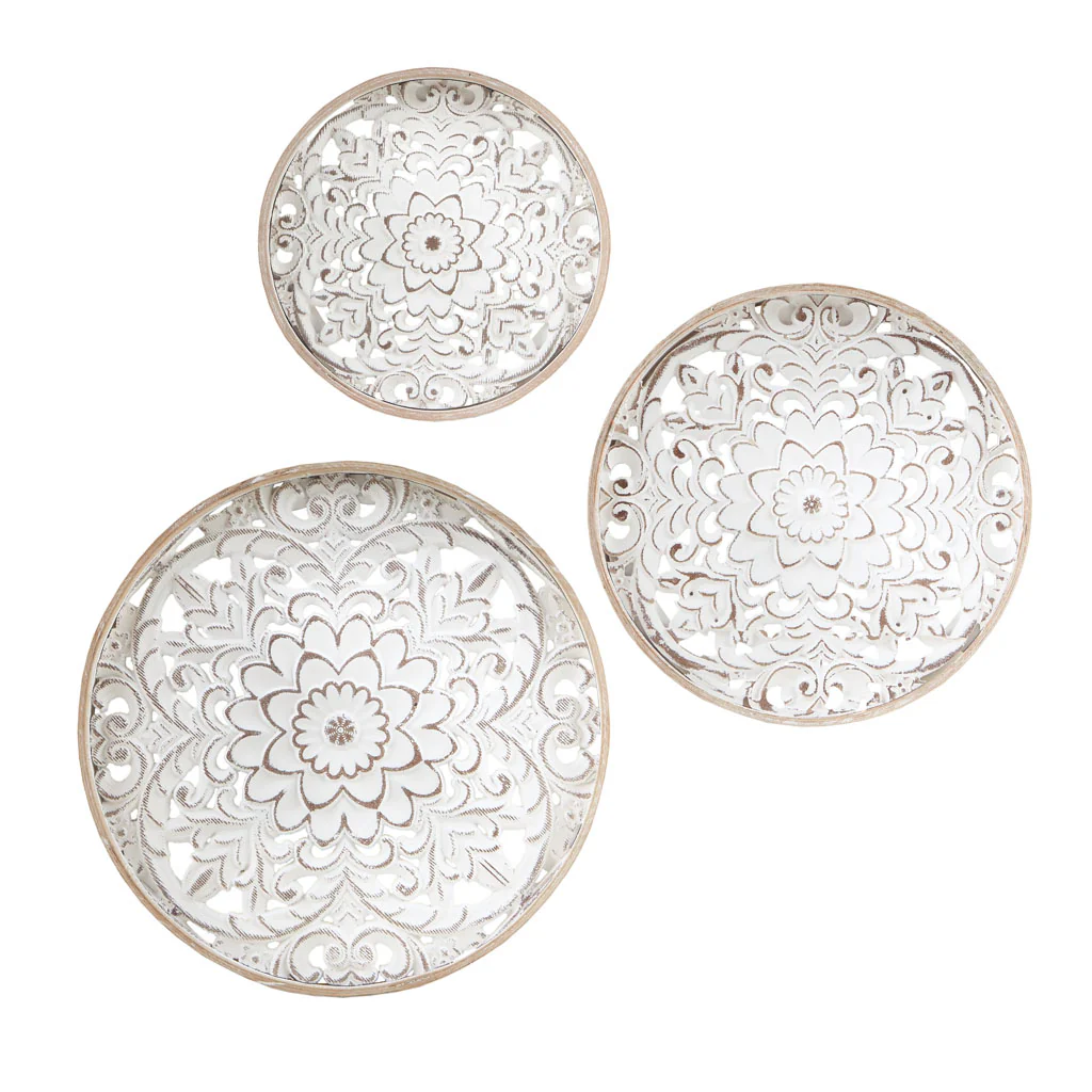 Medallion Trio Distressed White Floral 3-Piece Carved Wood Wall Decor Set - Image 2