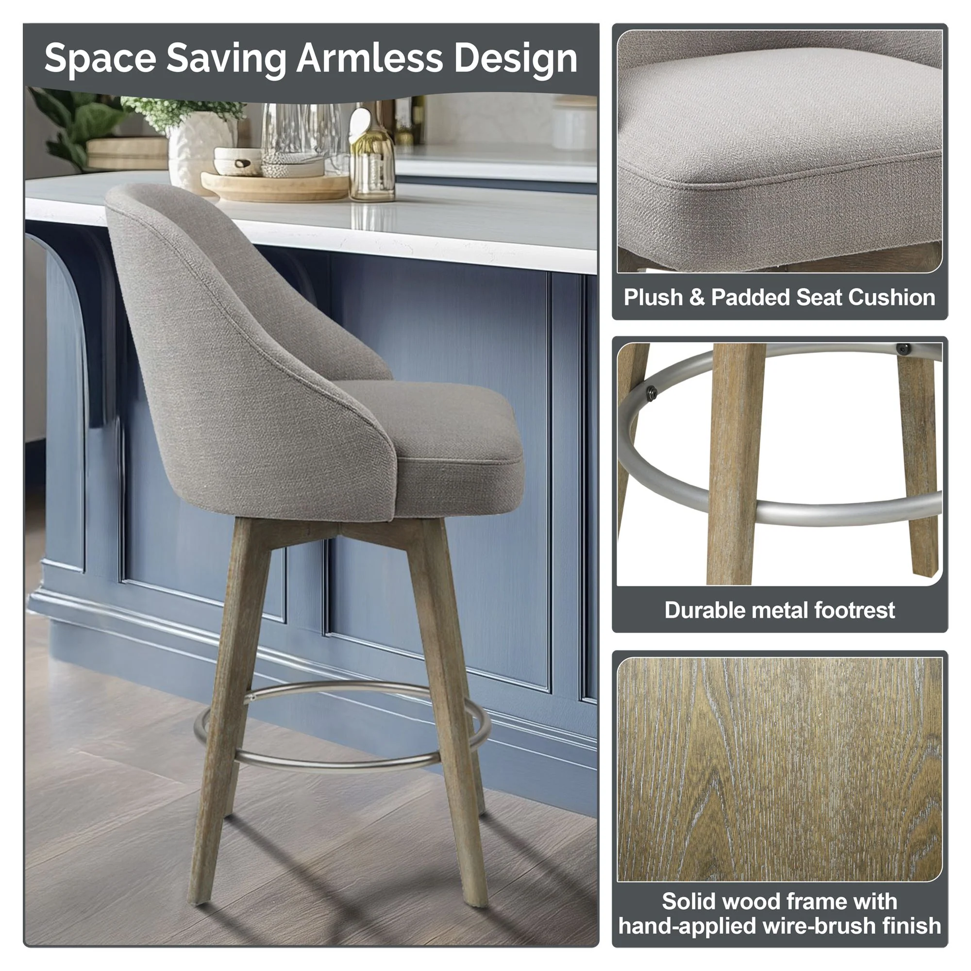 Pearce Swivel Upholstered Counter Stool (25.75'') with Solid Wood Legs & Metal Footrest - Image 37