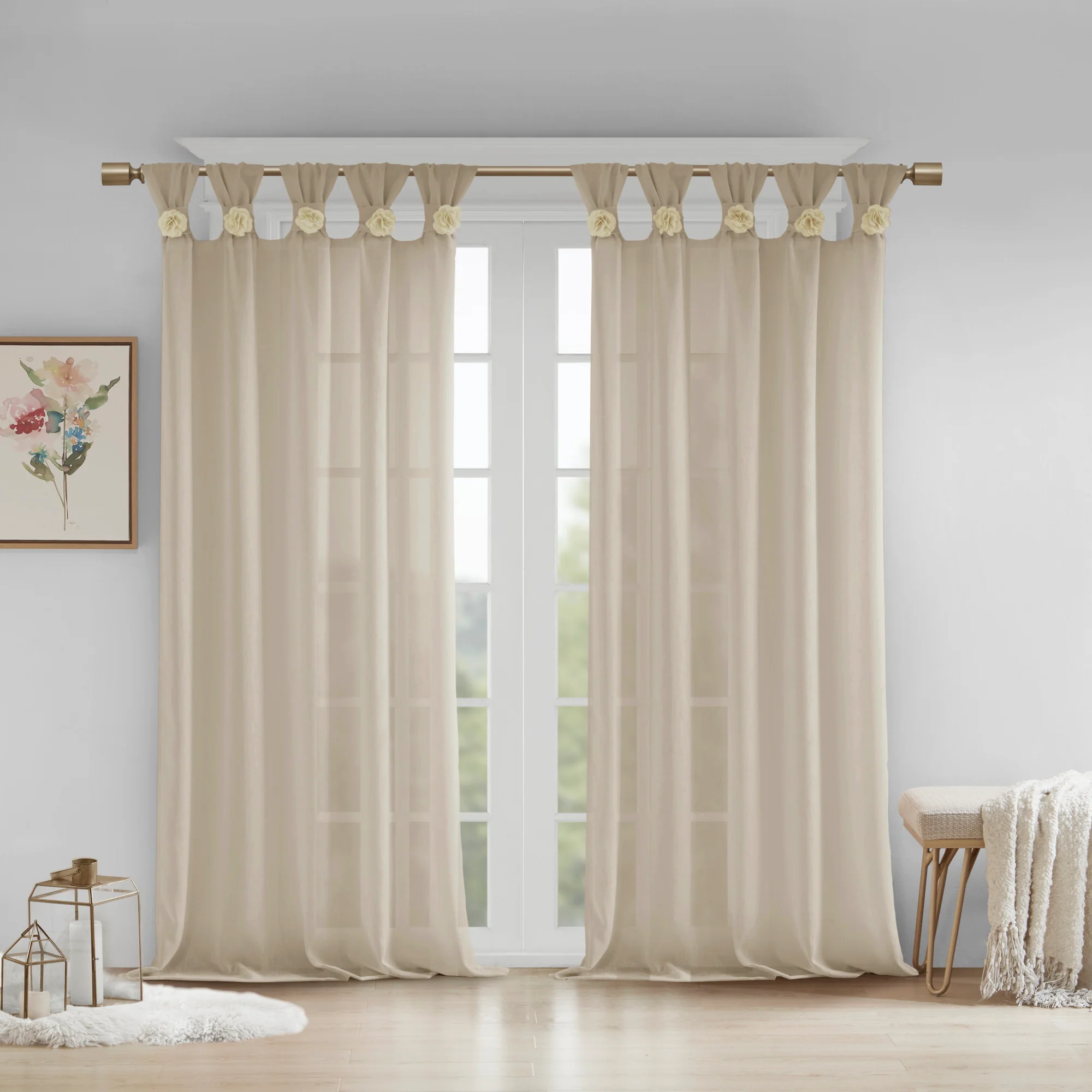 Rosette Floral Embellished Cuff Tab Top Solid Curtain Panel