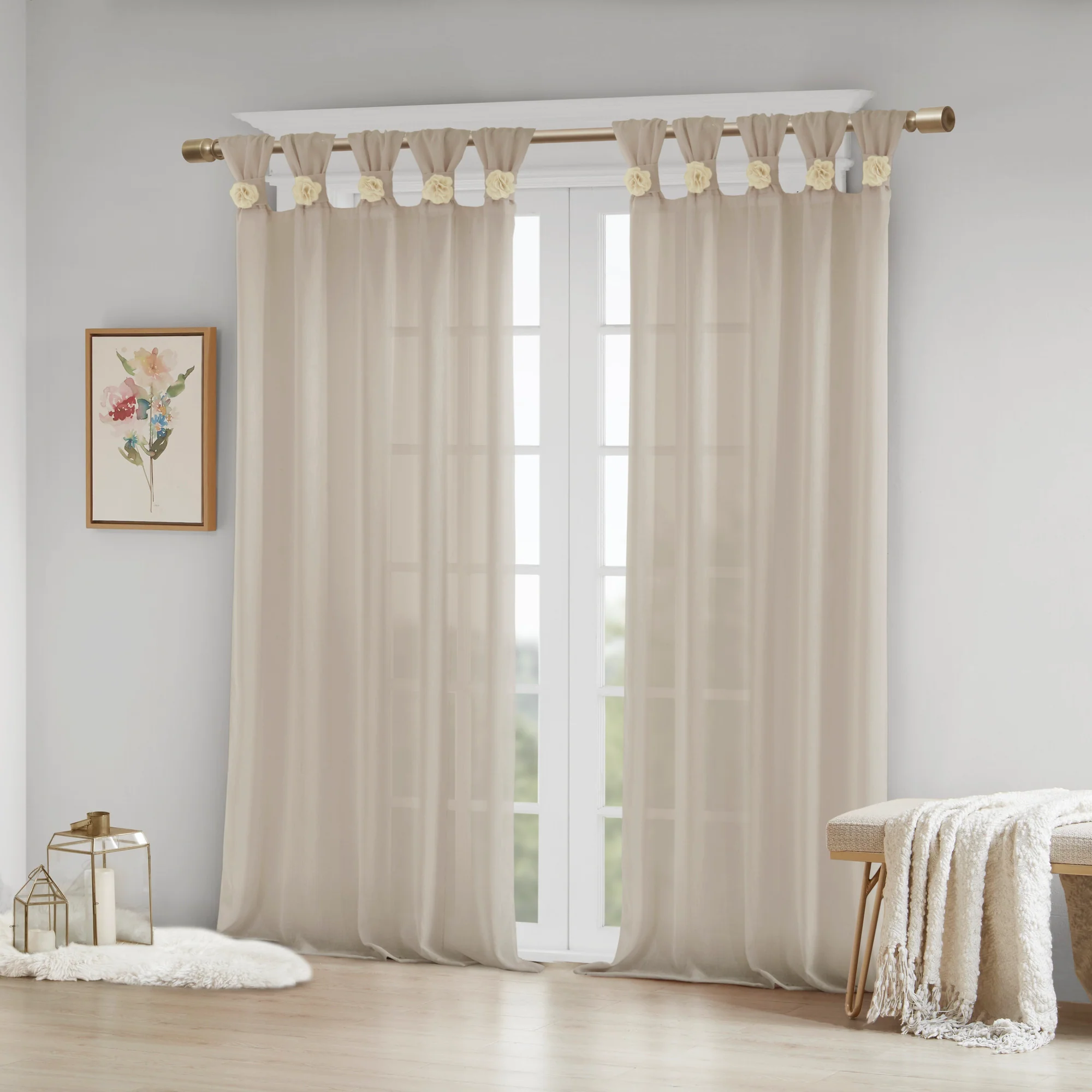 Rosette Floral Embellished Cuff Tab Top Solid Curtain Panel - Image 2