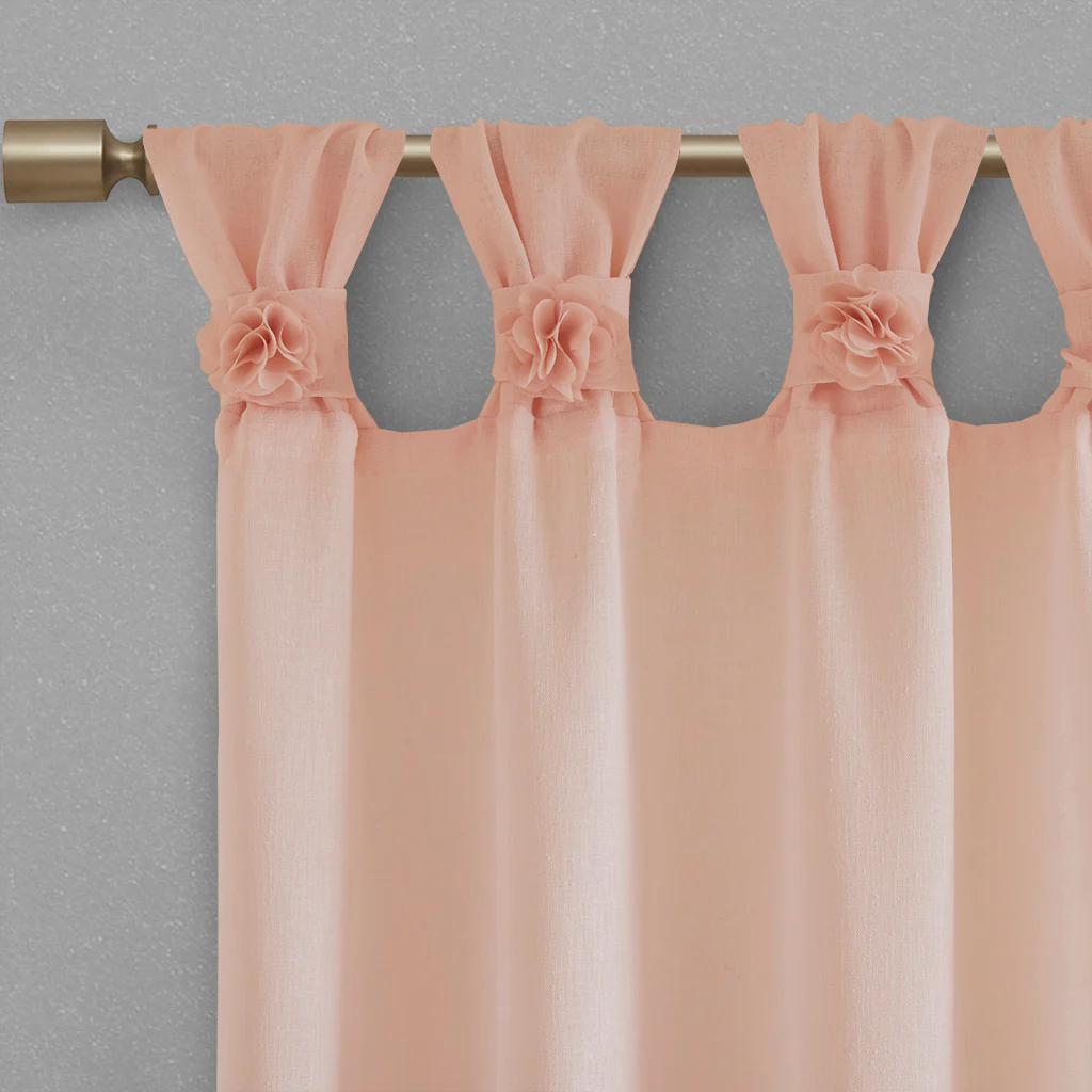 Rosette Floral Embellished Cuff Tab Top Solid Curtain Panel - Image 20