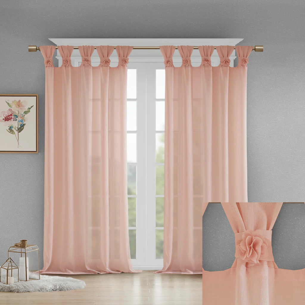Rosette Floral Embellished Cuff Tab Top Solid Curtain Panel - Image 24