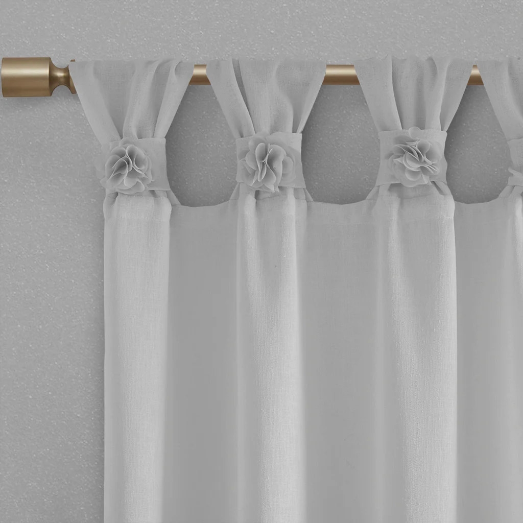 Rosette Floral Embellished Cuff Tab Top Solid Curtain Panel - Image 28