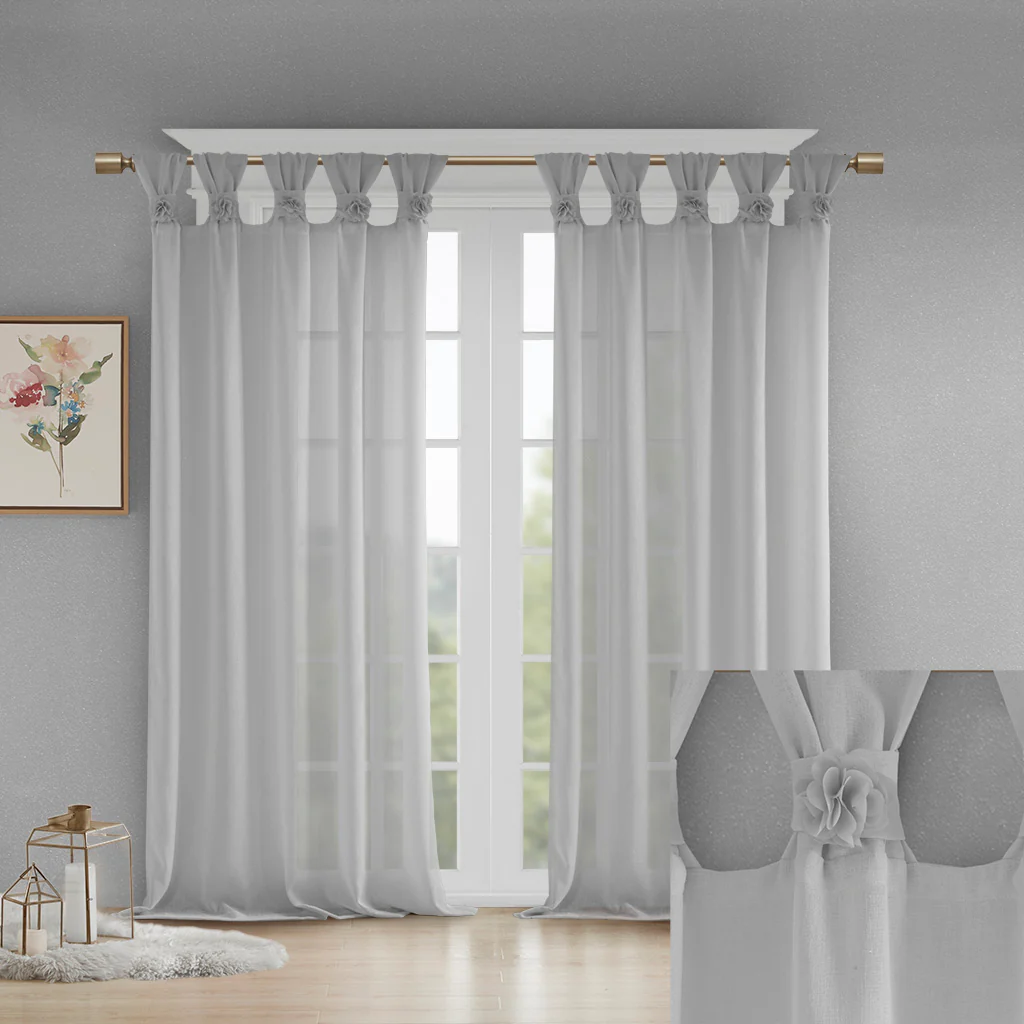 Rosette Floral Embellished Cuff Tab Top Solid Curtain Panel - Image 32