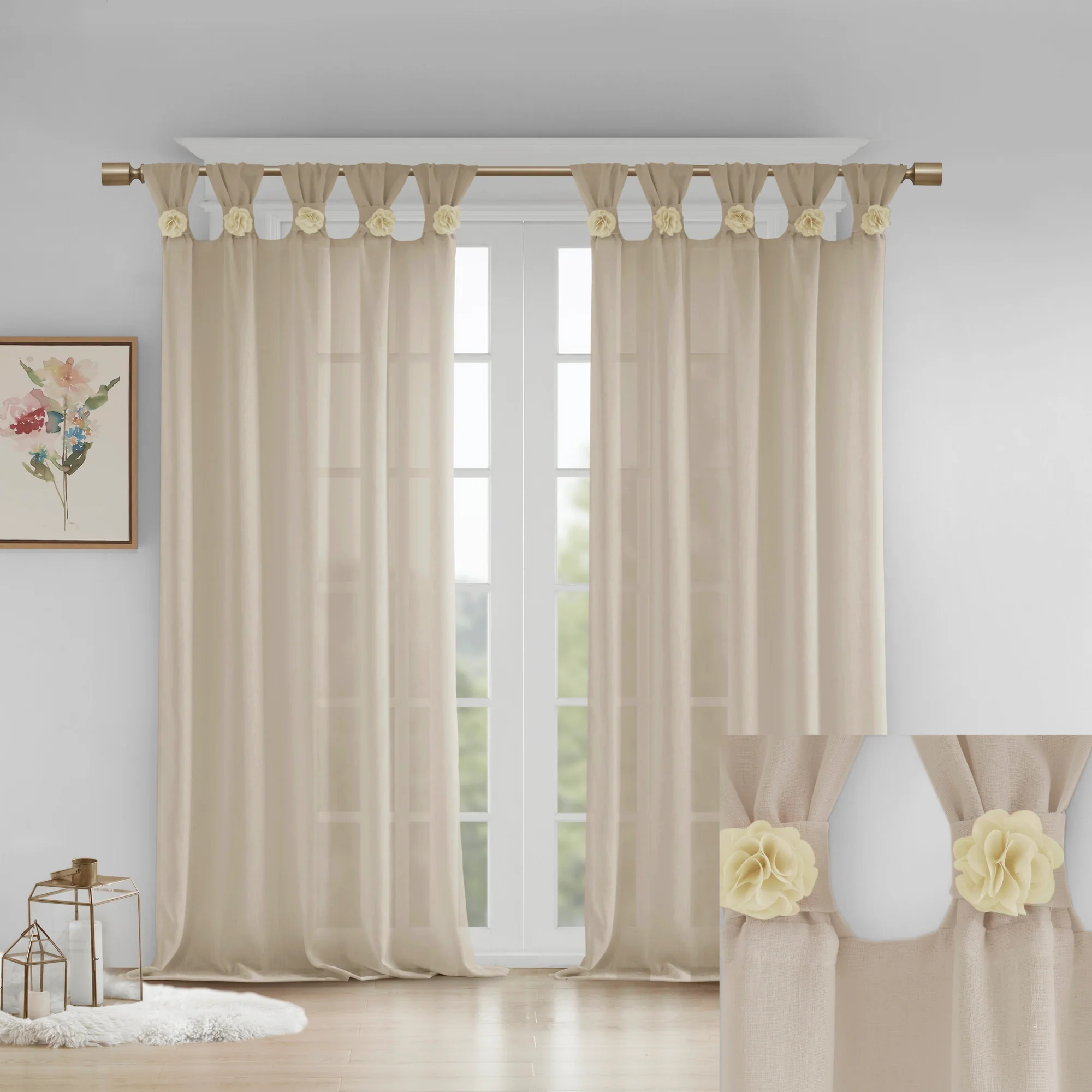 Rosette Floral Embellished Cuff Tab Top Solid Curtain Panel - Image 7