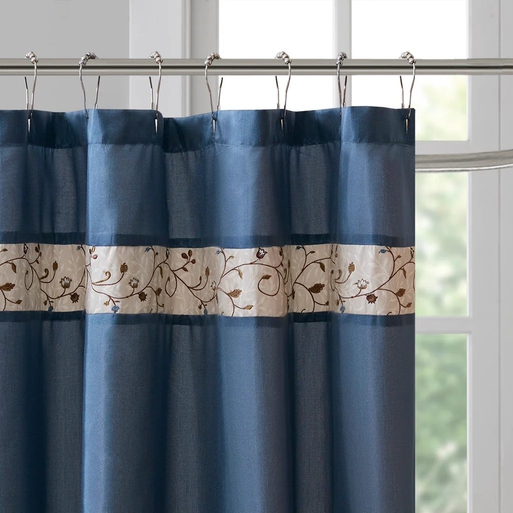 Serene Faux Silk Embroidered Floral Shower Curtain - Image 11