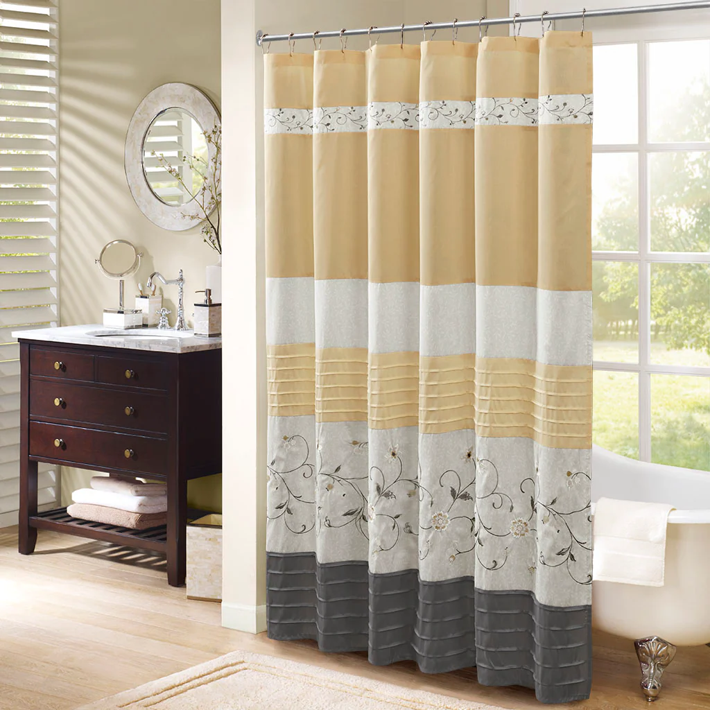 Serene Faux Silk Embroidered Floral Shower Curtain - Image 4