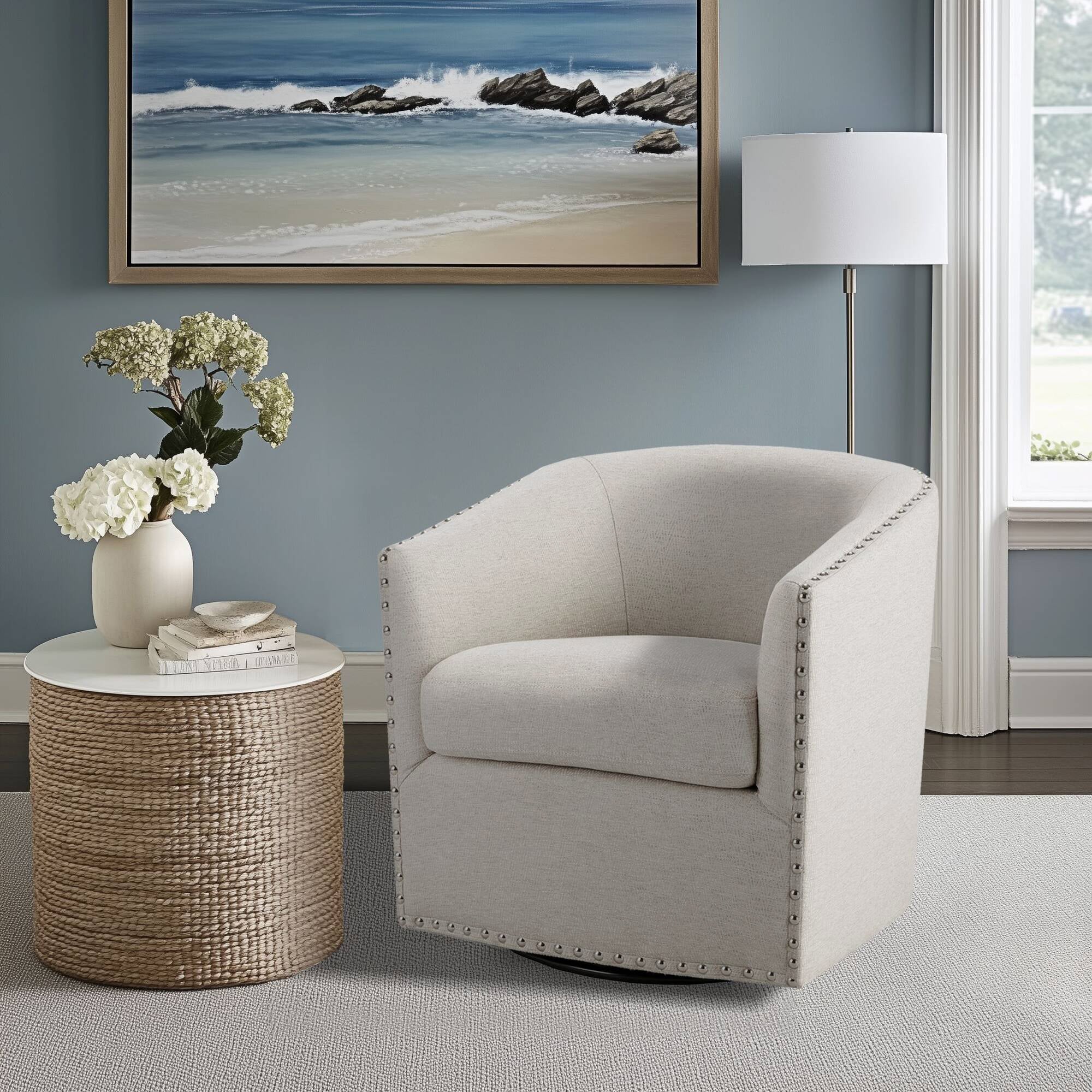 Tyler Upholstered Swivel Barrel Chair with Nailheads