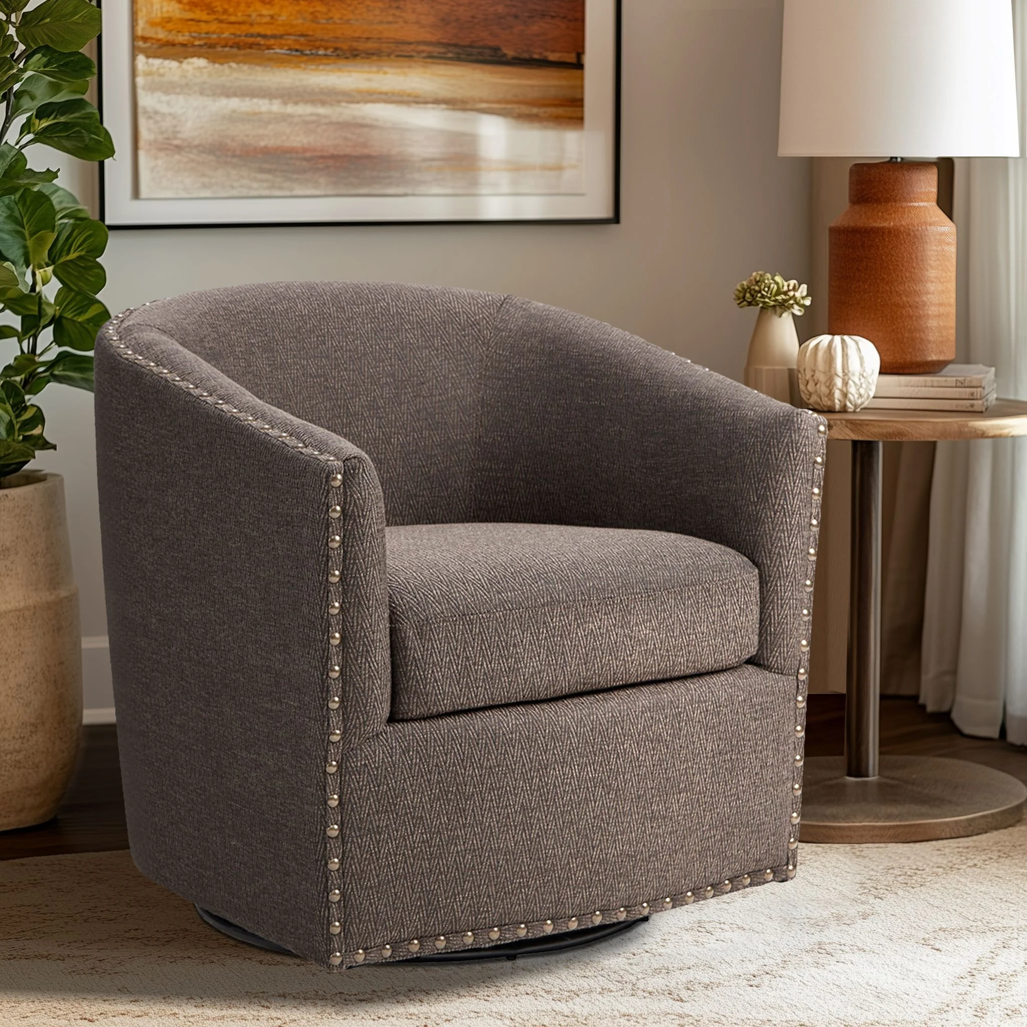 Tyler Upholstered Swivel Barrel Chair with Nailheads - Image 10