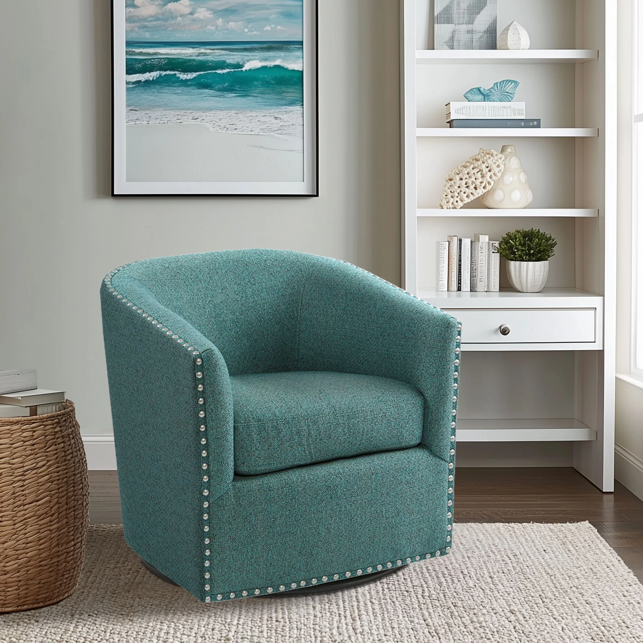 Tyler Upholstered Swivel Barrel Chair with Nailheads - Image 11