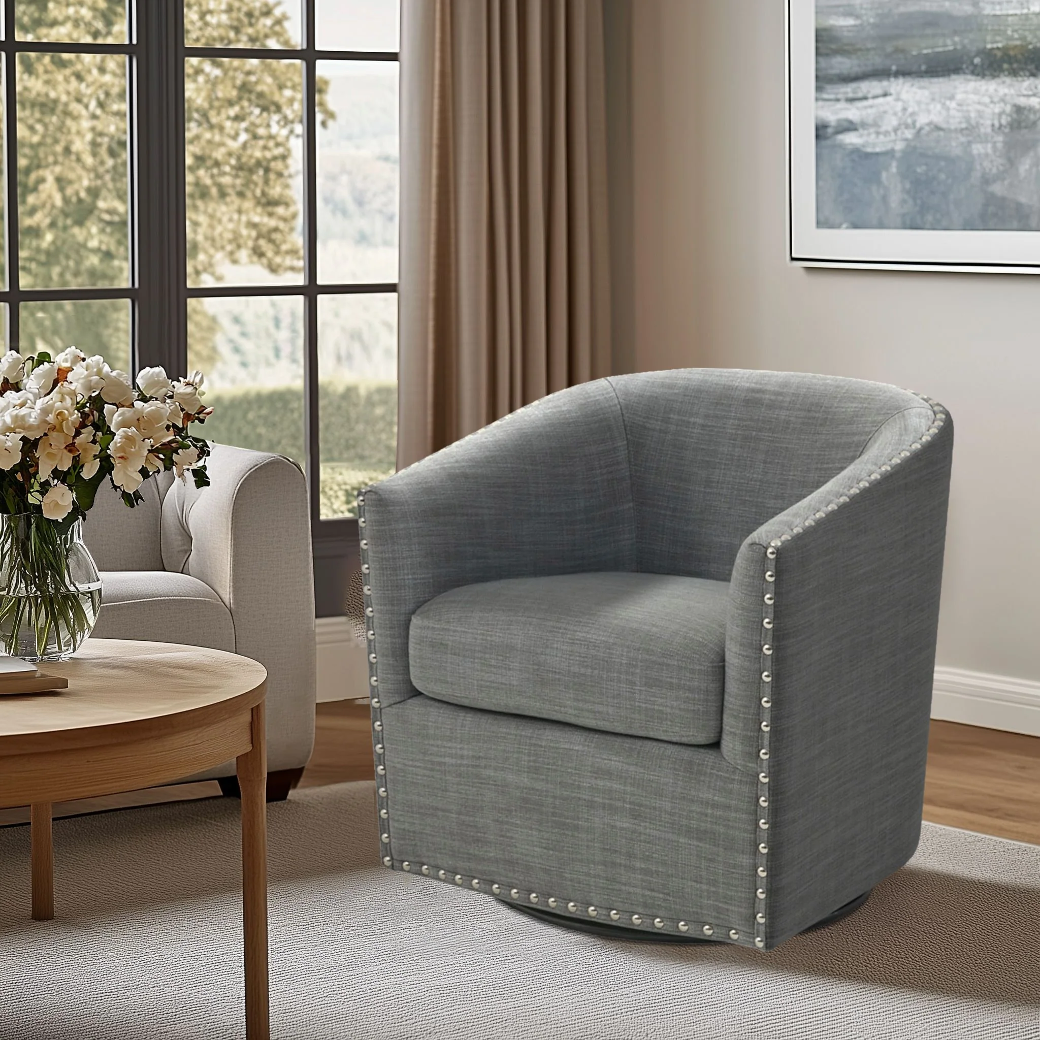 Tyler Upholstered Swivel Barrel Chair with Nailheads - Image 12