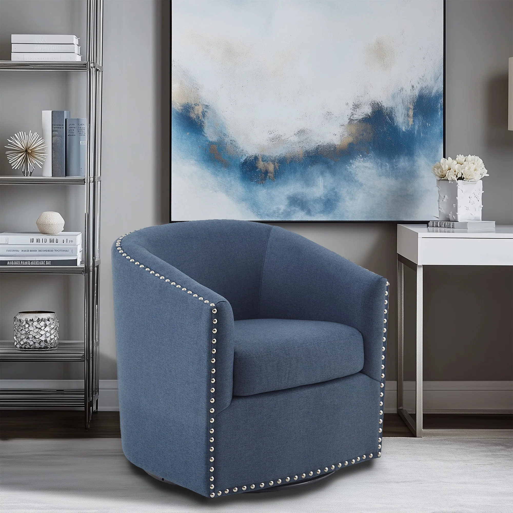 Tyler Upholstered Swivel Barrel Chair with Nailheads - Image 13