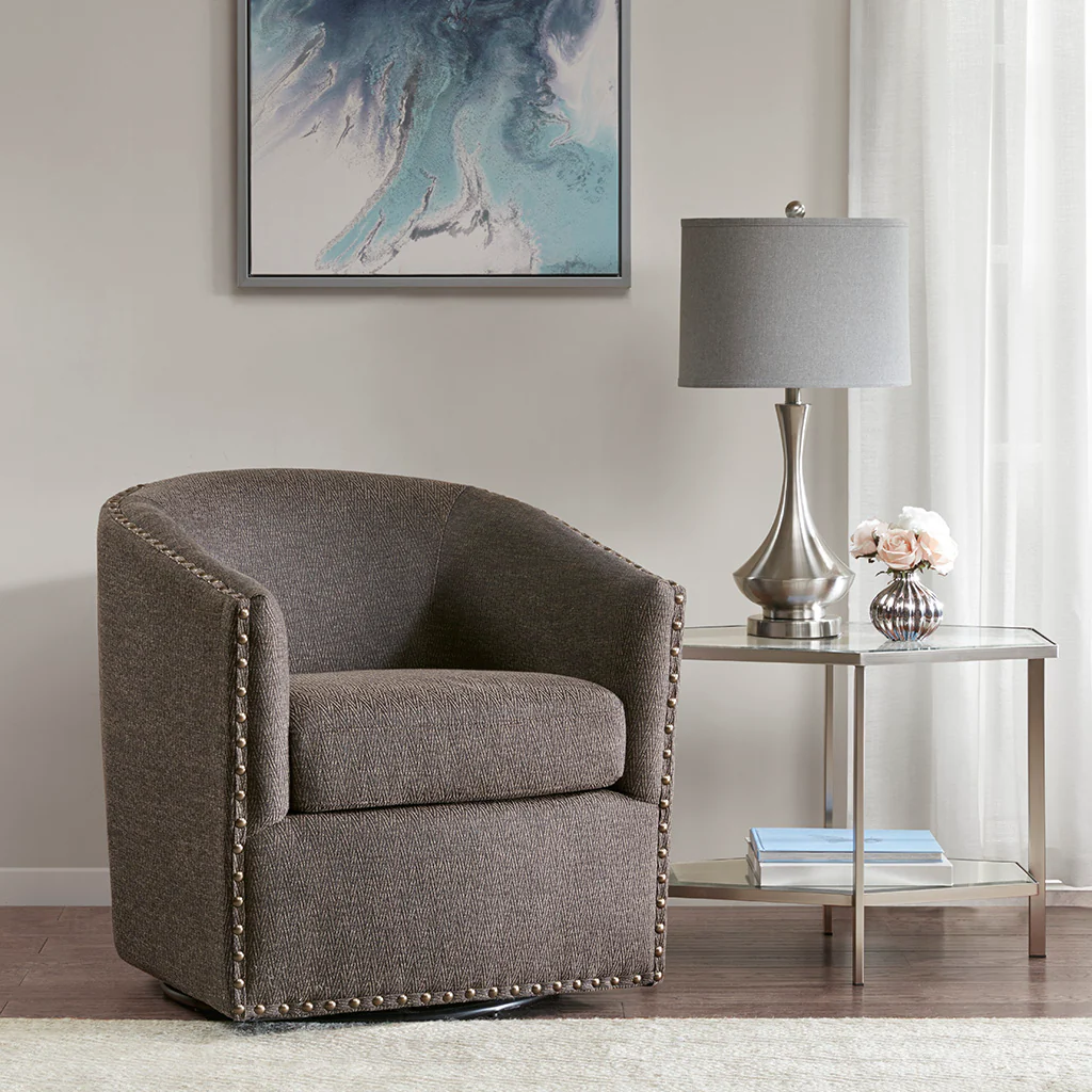 Tyler Upholstered Swivel Barrel Chair with Nailheads - Image 14