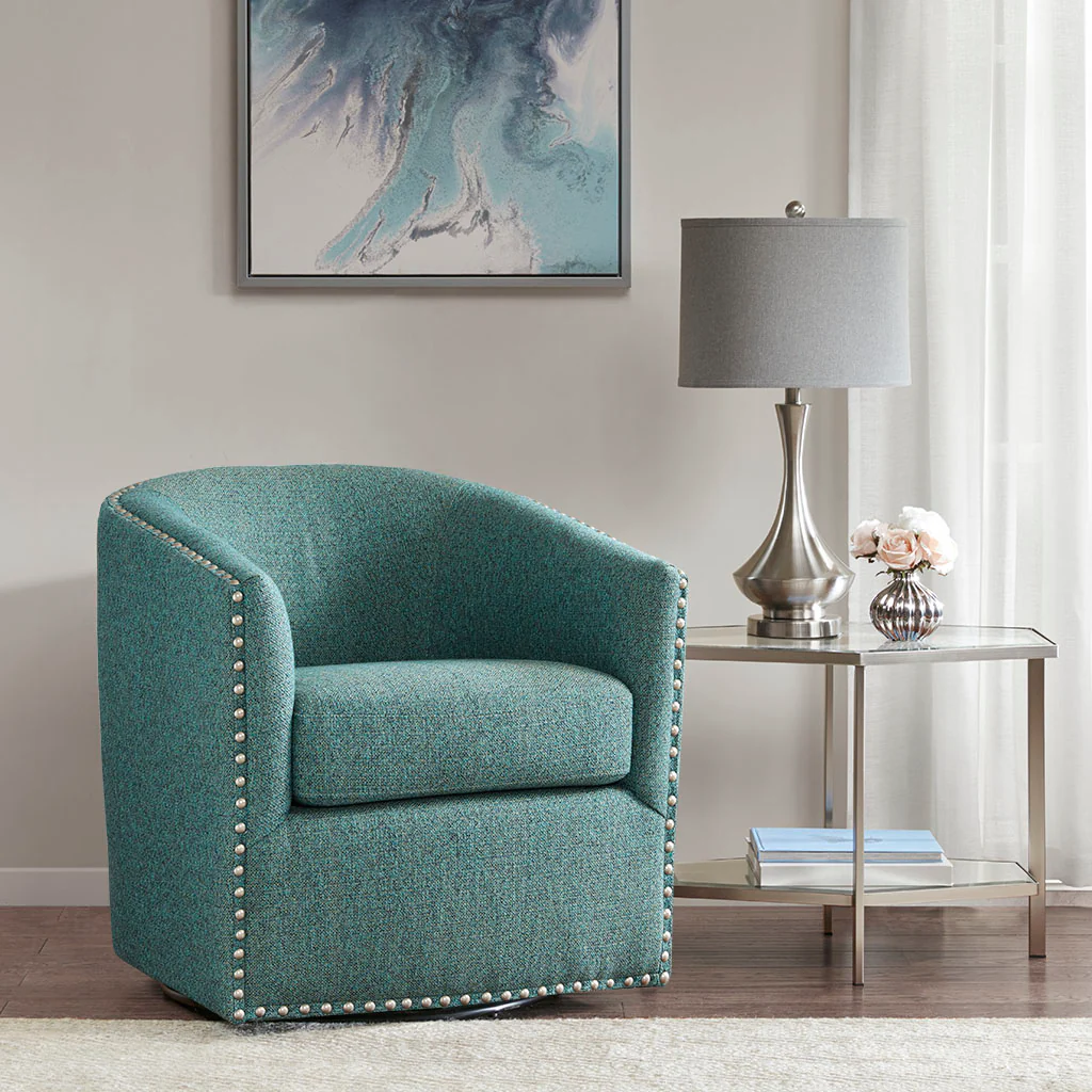 Tyler Upholstered Swivel Barrel Chair with Nailheads - Image 15
