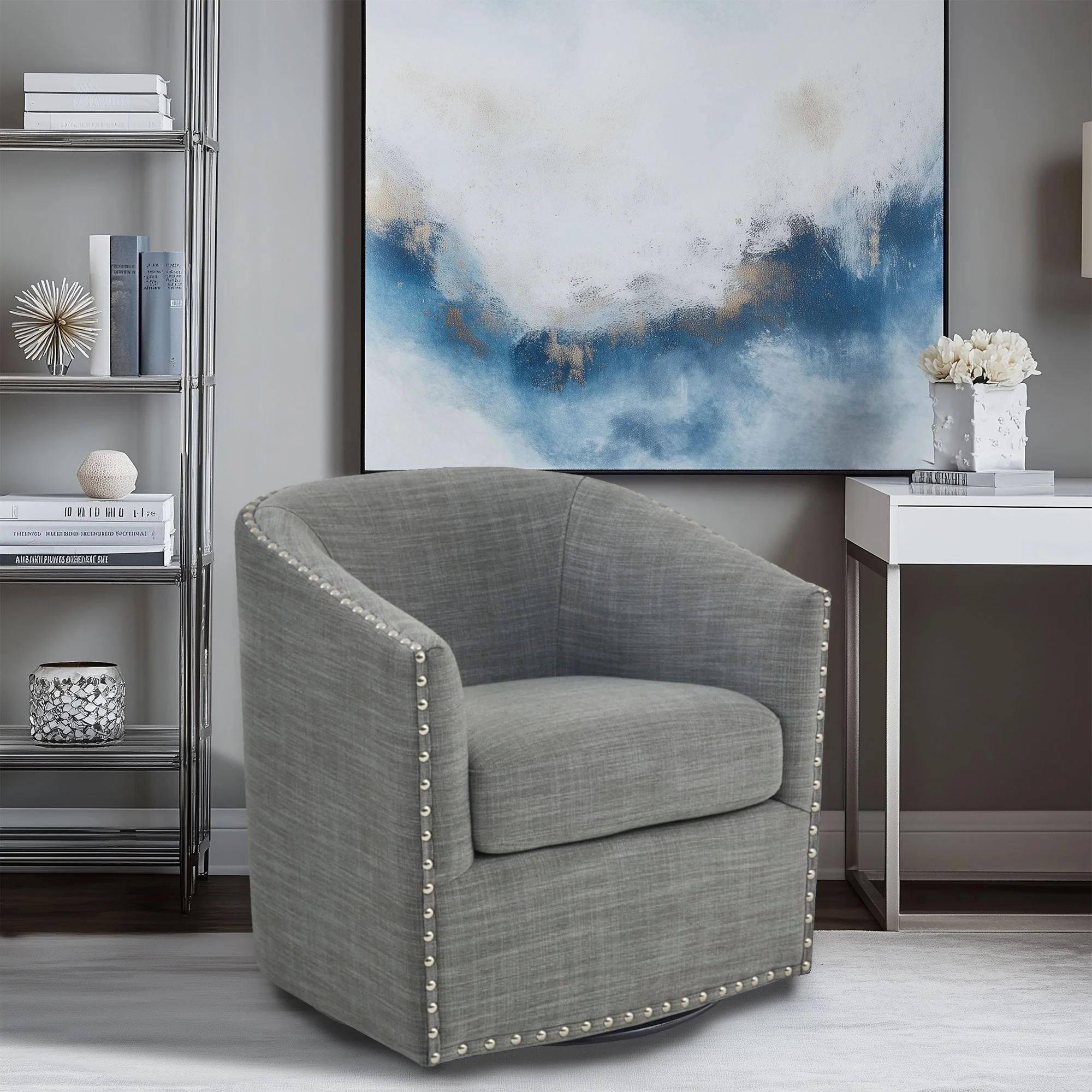 Tyler Upholstered Swivel Barrel Chair with Nailheads - Image 16