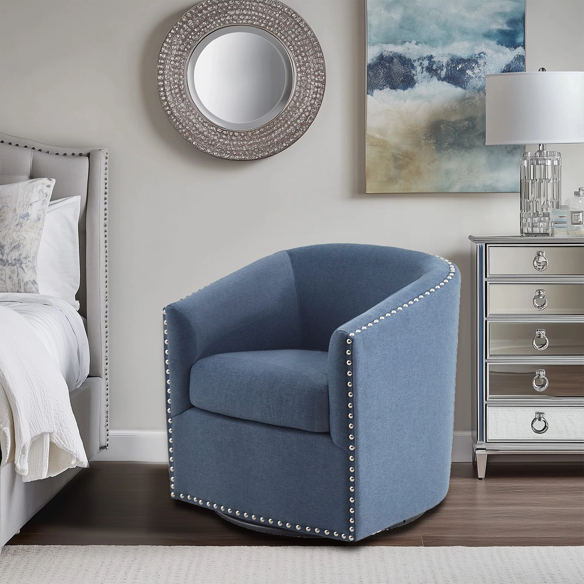 Tyler Upholstered Swivel Barrel Chair with Nailheads - Image 2