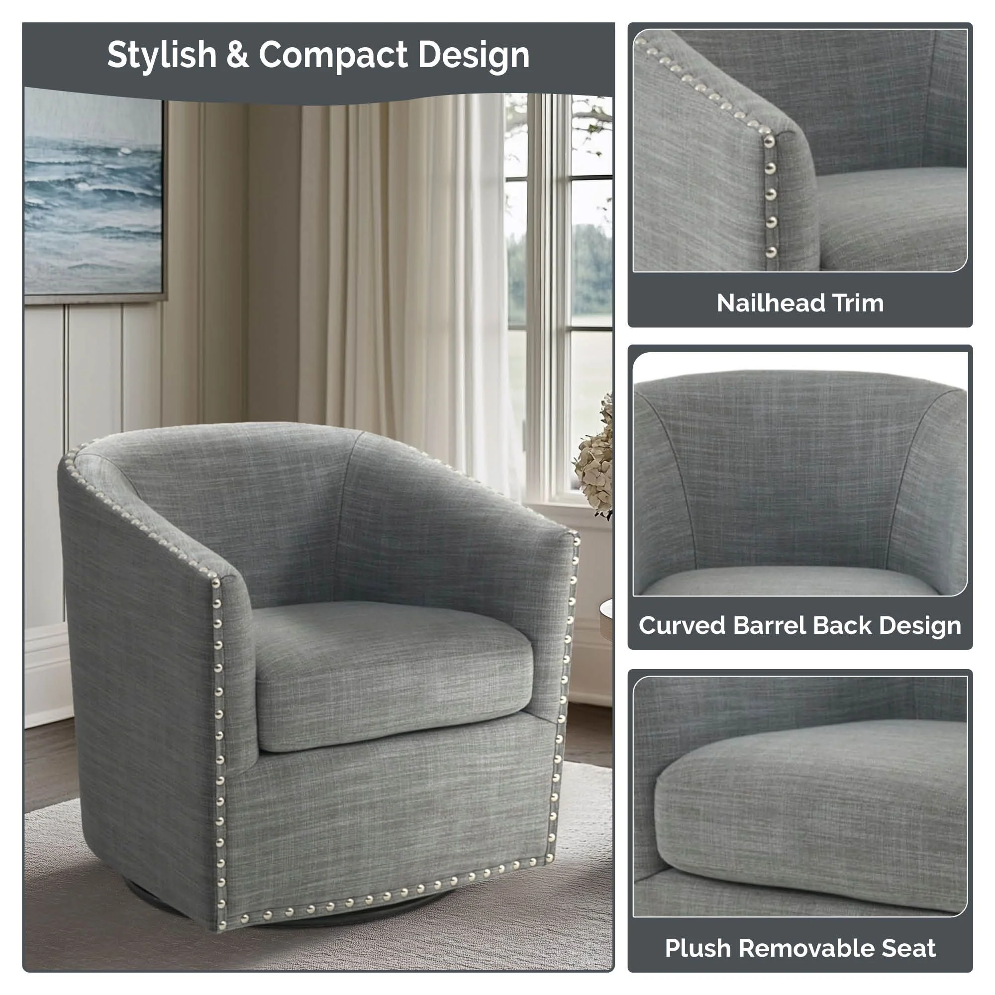 Tyler Upholstered Swivel Barrel Chair with Nailheads - Image 20