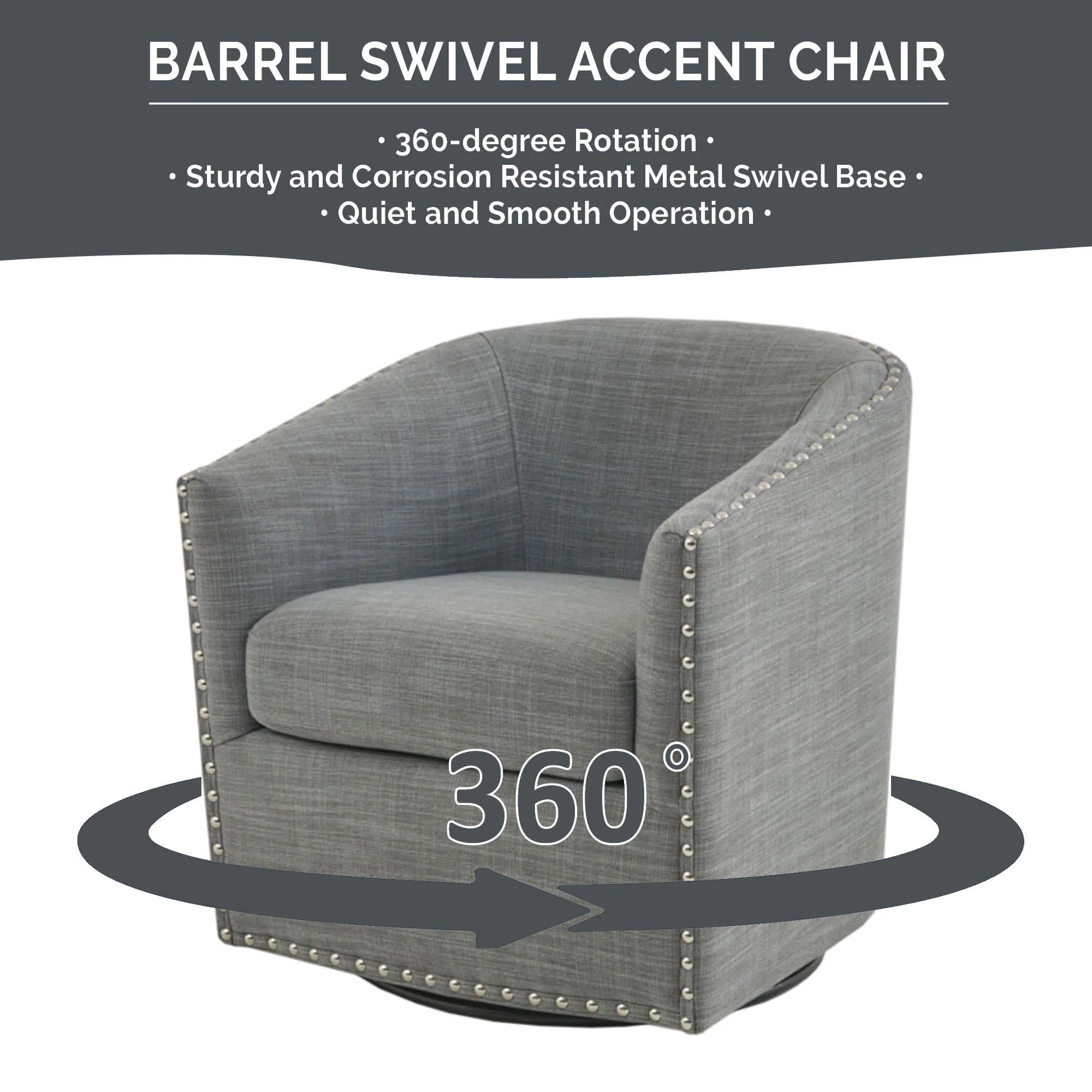 Tyler Upholstered Swivel Barrel Chair with Nailheads - Image 25