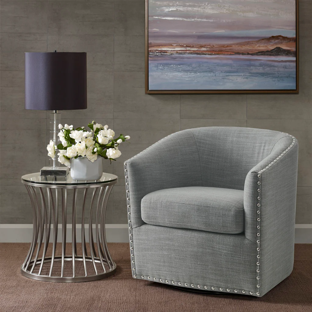 Tyler Upholstered Swivel Barrel Chair with Nailheads - Image 26