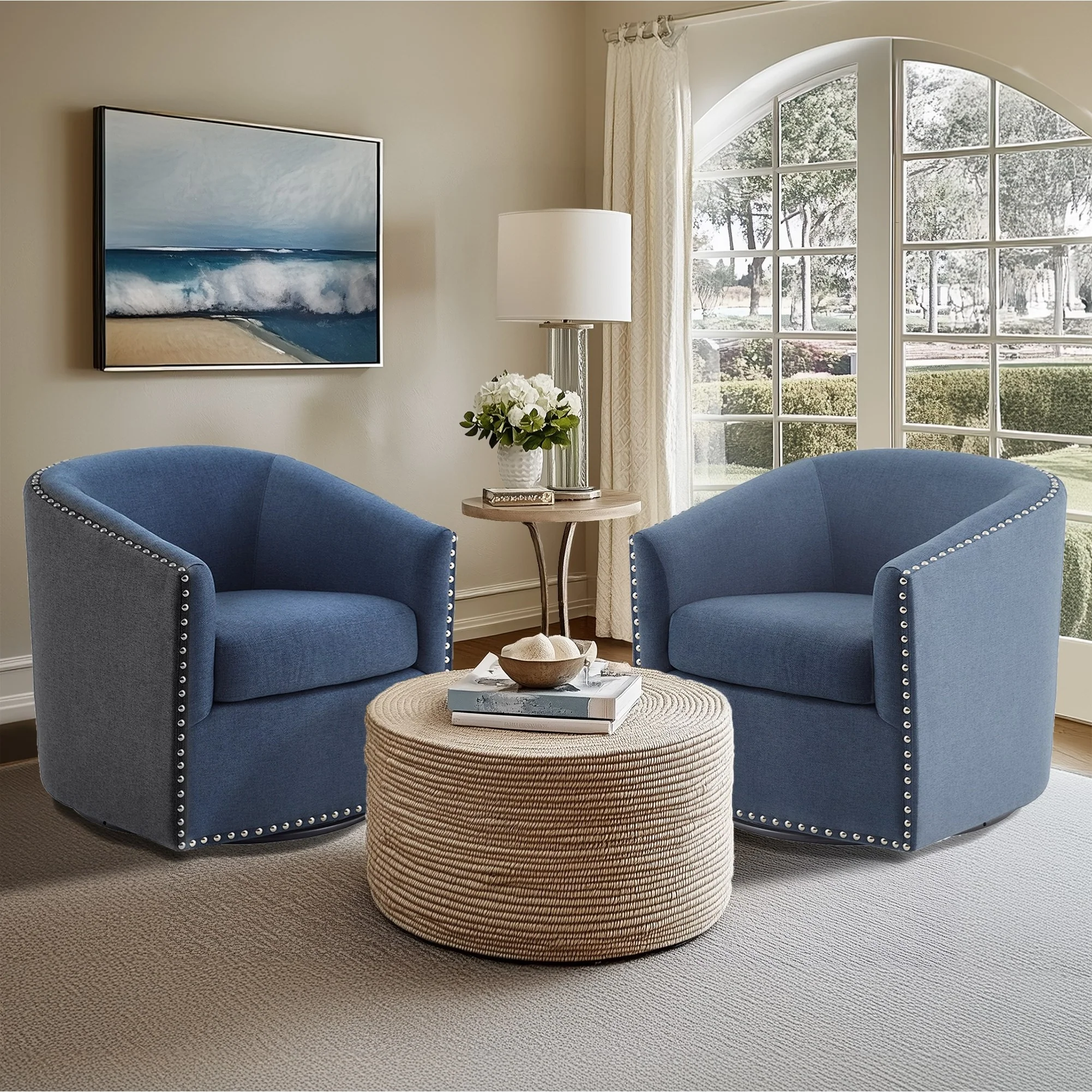 Tyler Upholstered Swivel Barrel Chair with Nailheads - Image 27