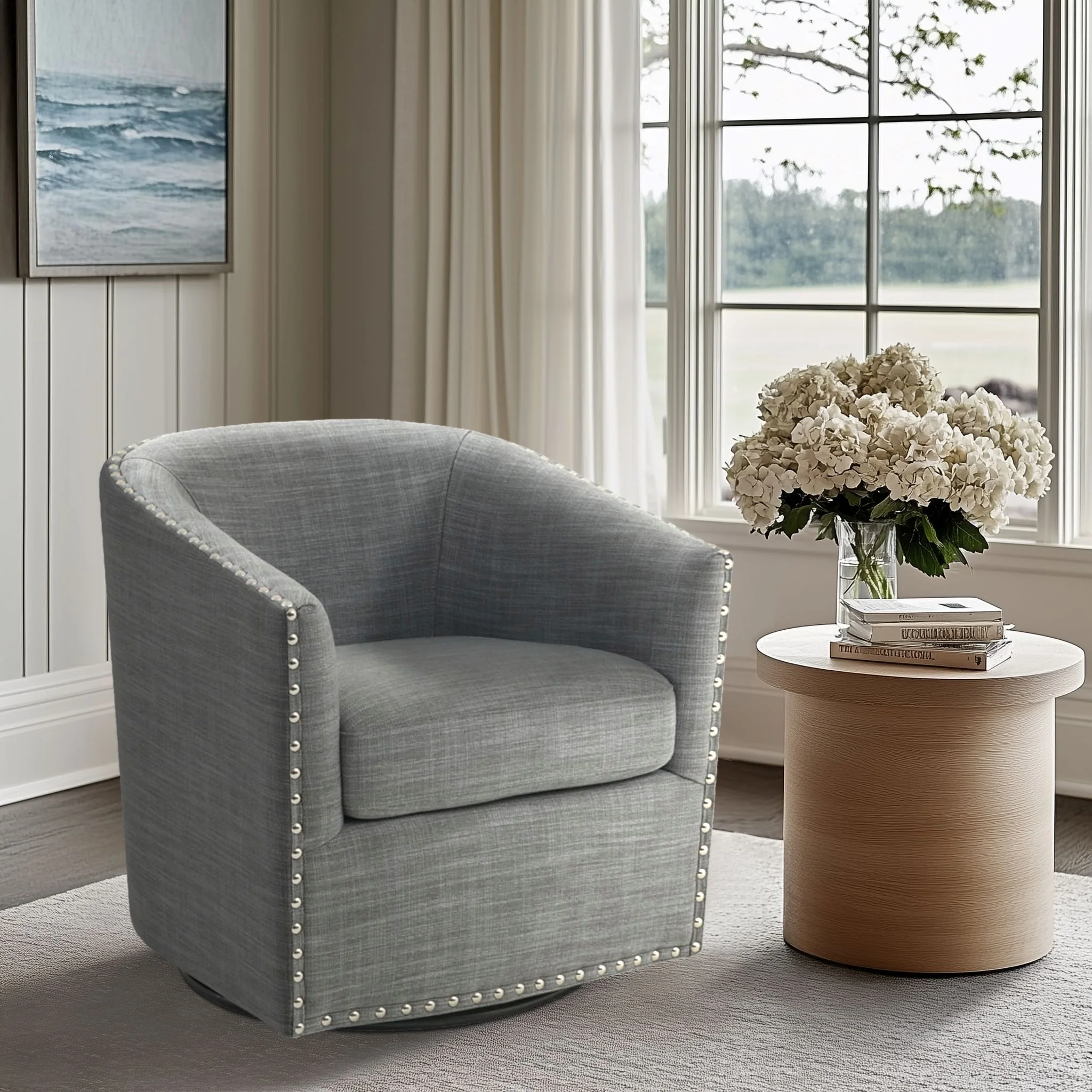 Tyler Upholstered Swivel Barrel Chair with Nailheads - Image 3