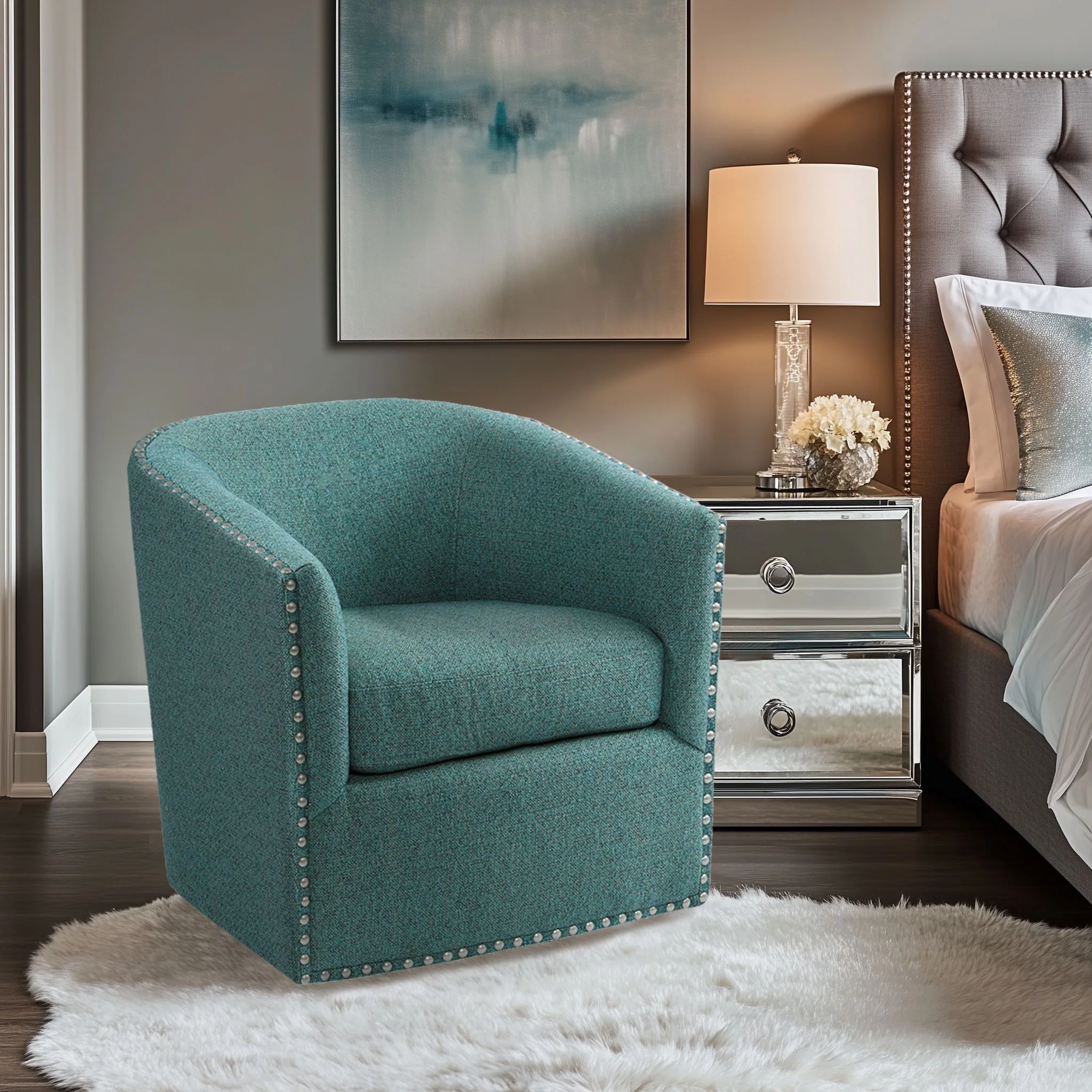 Tyler Upholstered Swivel Barrel Chair with Nailheads - Image 4