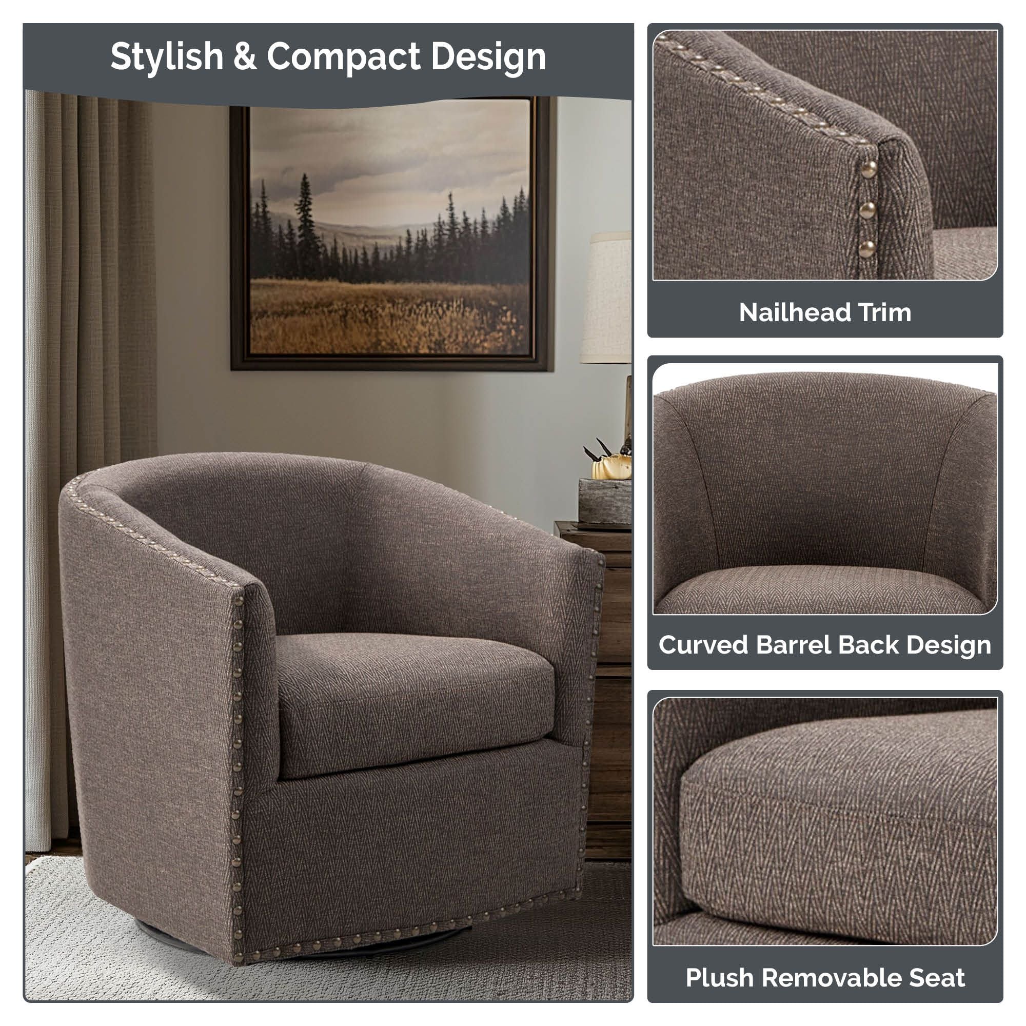 Tyler Upholstered Swivel Barrel Chair with Nailheads - Image 46
