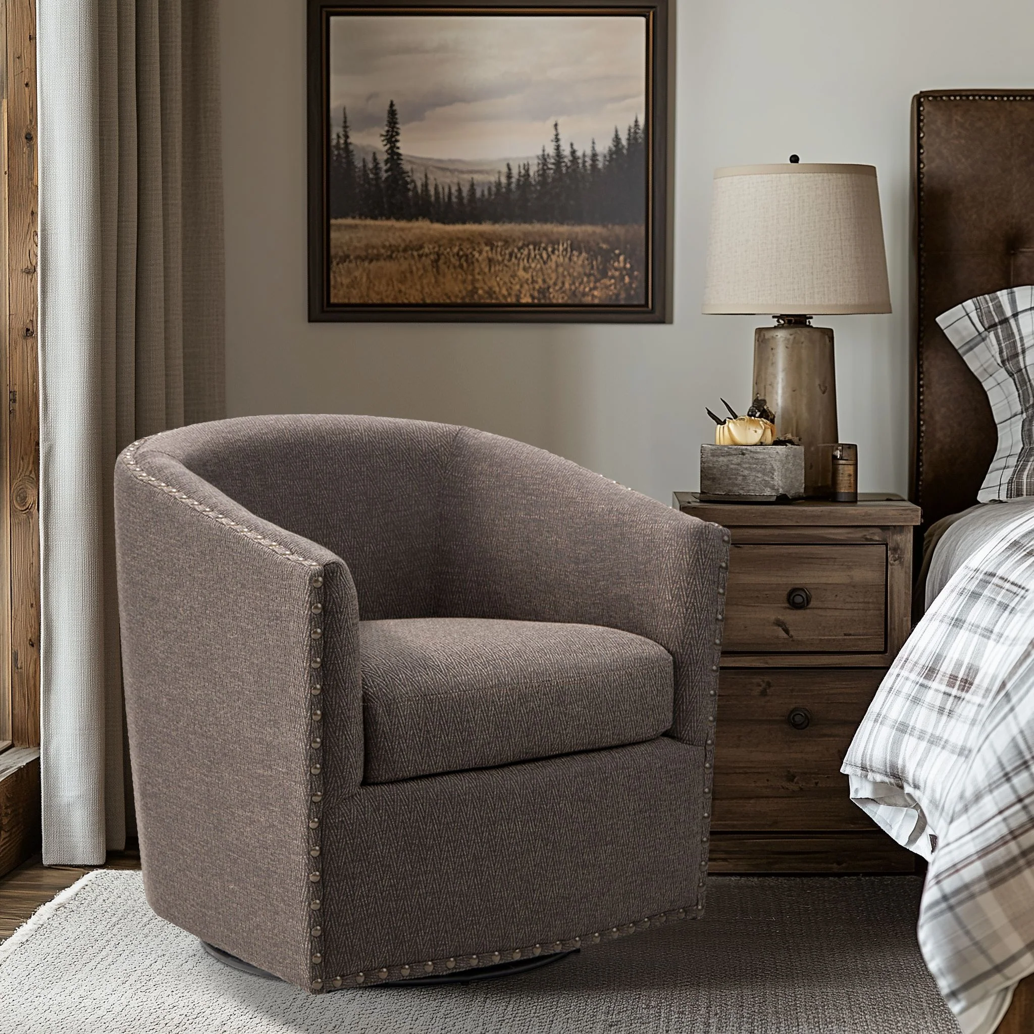 Tyler Upholstered Swivel Barrel Chair with Nailheads - Image 5
